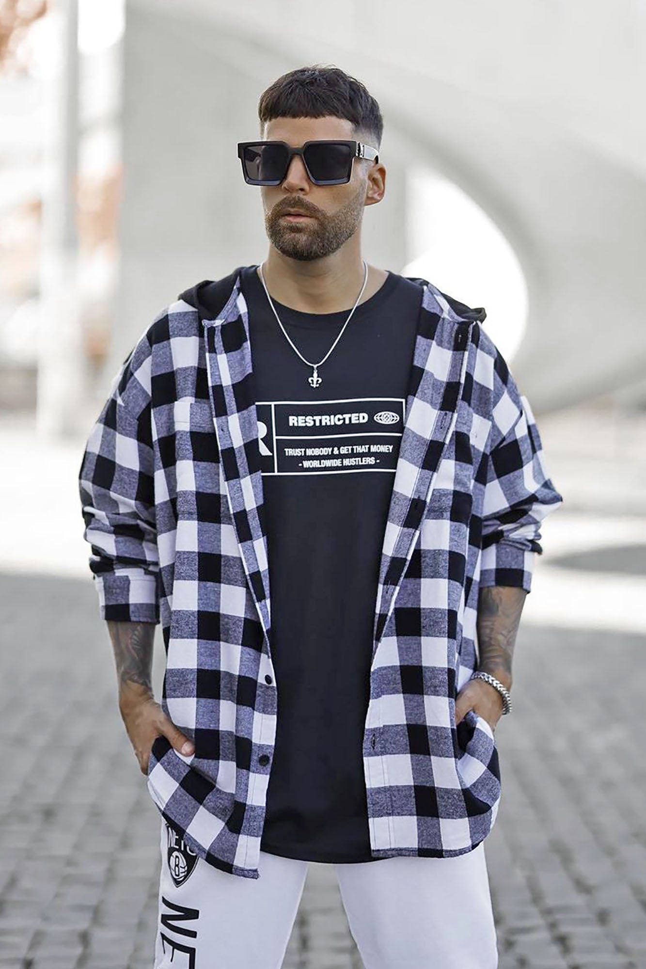 Good Luck Hooded Plaid Flannel Shirt - White/Black