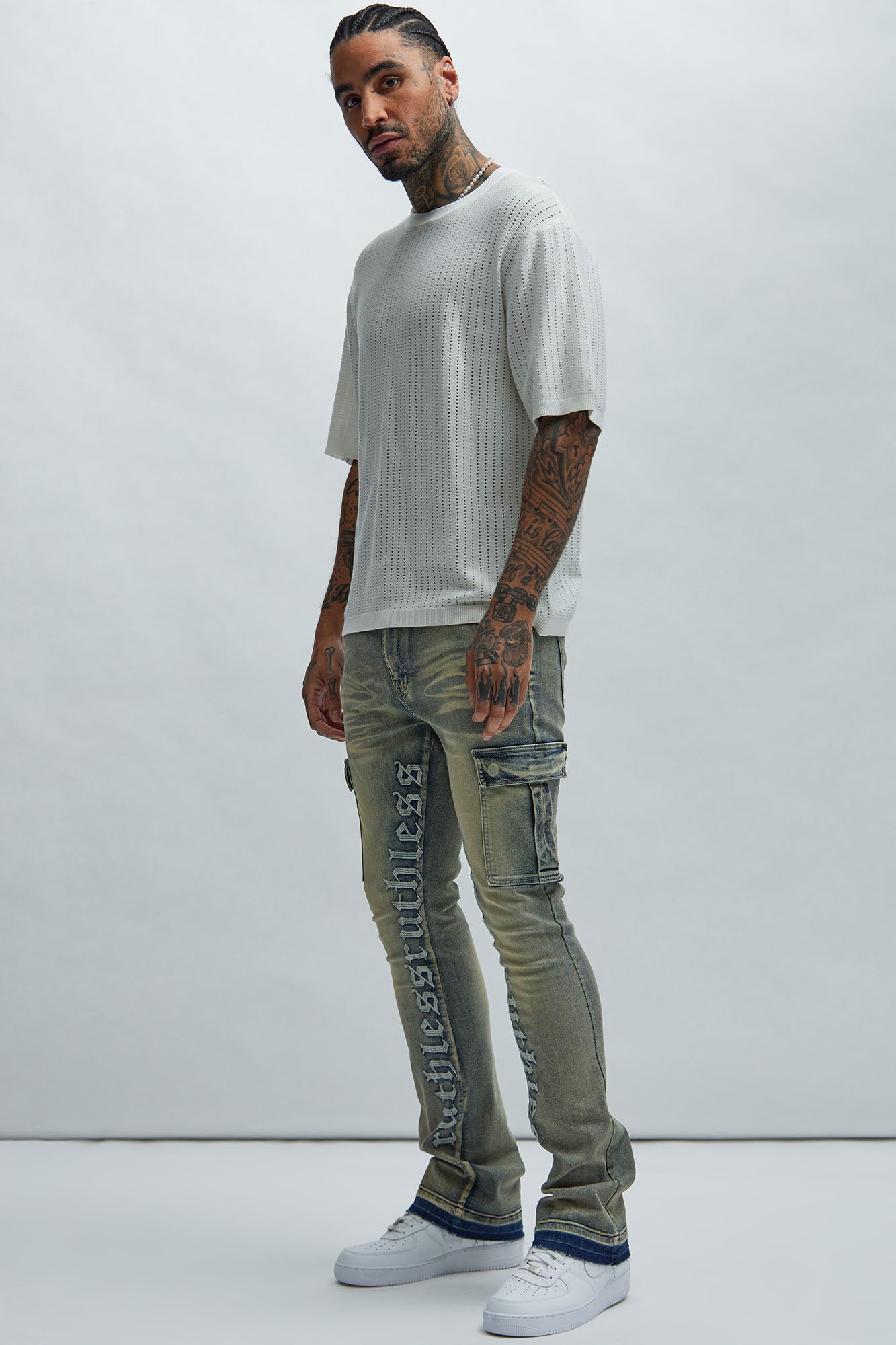 Ruthless Embroidered Stacked Skinny Cargo Flare Jeans - Medium Wash