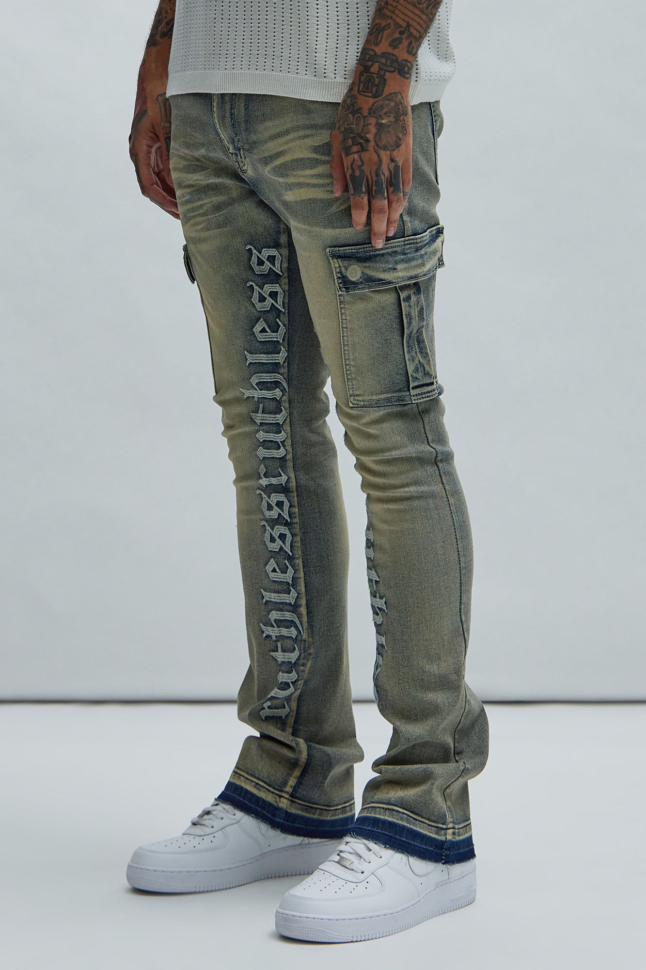 Ruthless Embroidered Stacked Skinny Cargo Flare Jeans - Medium Wash