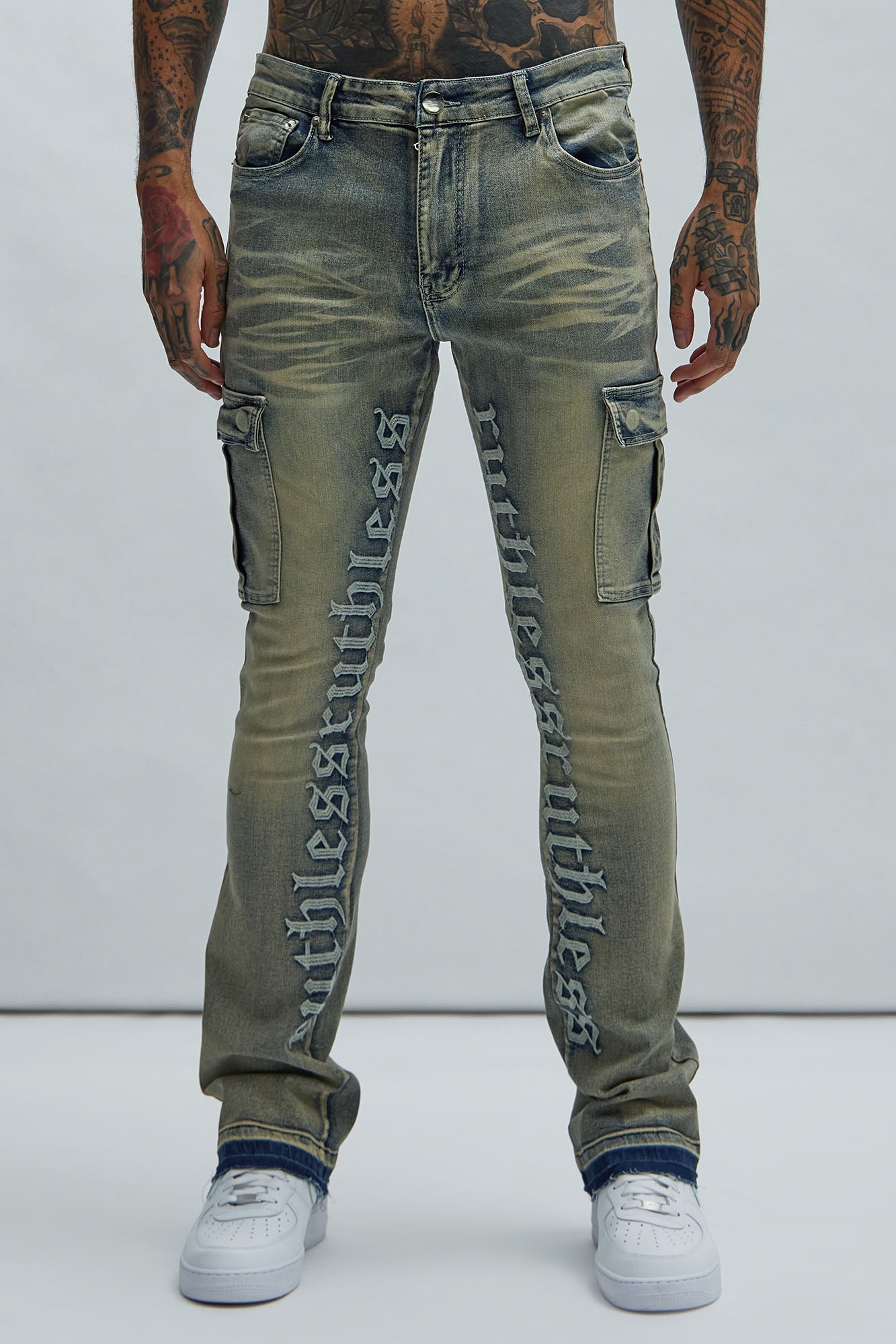 Ruthless Embroidered Stacked Skinny Cargo Flare Jeans - Medium Wash