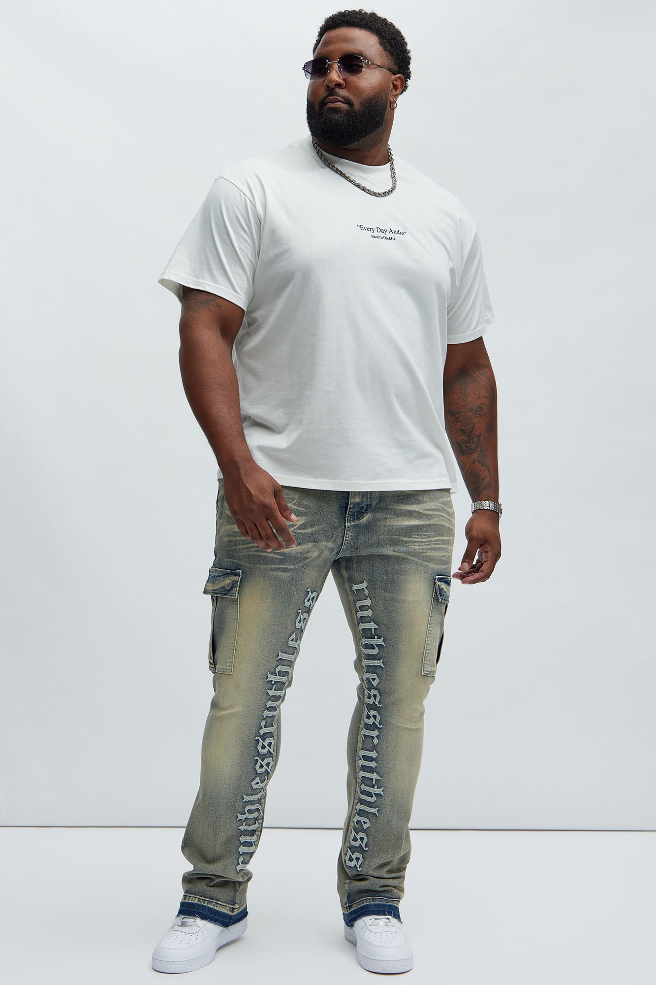 Ruthless Embroidered Stacked Skinny Cargo Flare Jeans - Medium Wash