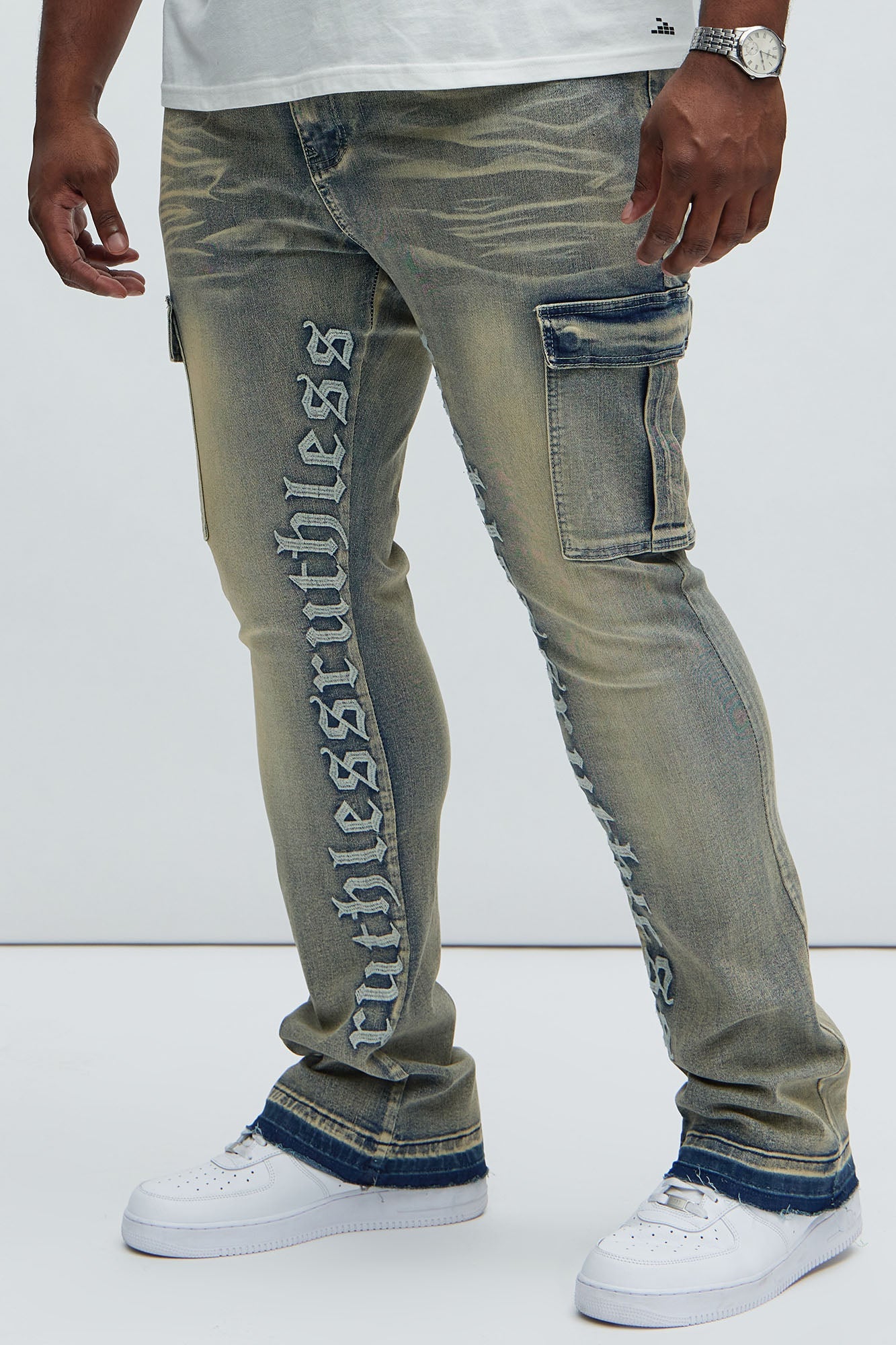 Ruthless Embroidered Stacked Skinny Cargo Flare Jeans - Medium Wash