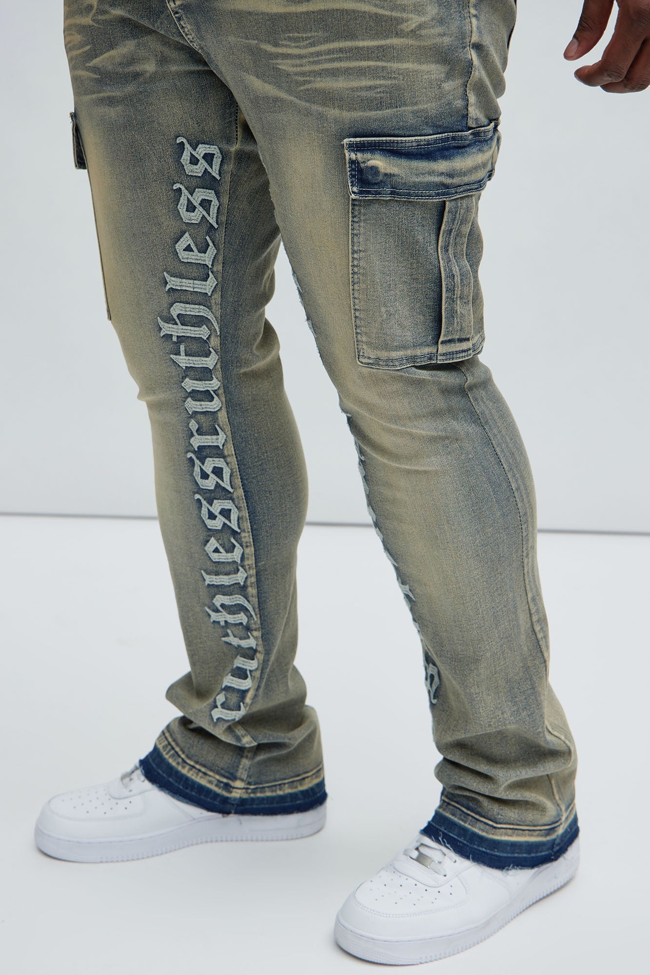 Ruthless Embroidered Stacked Skinny Cargo Flare Jeans - Medium Wash