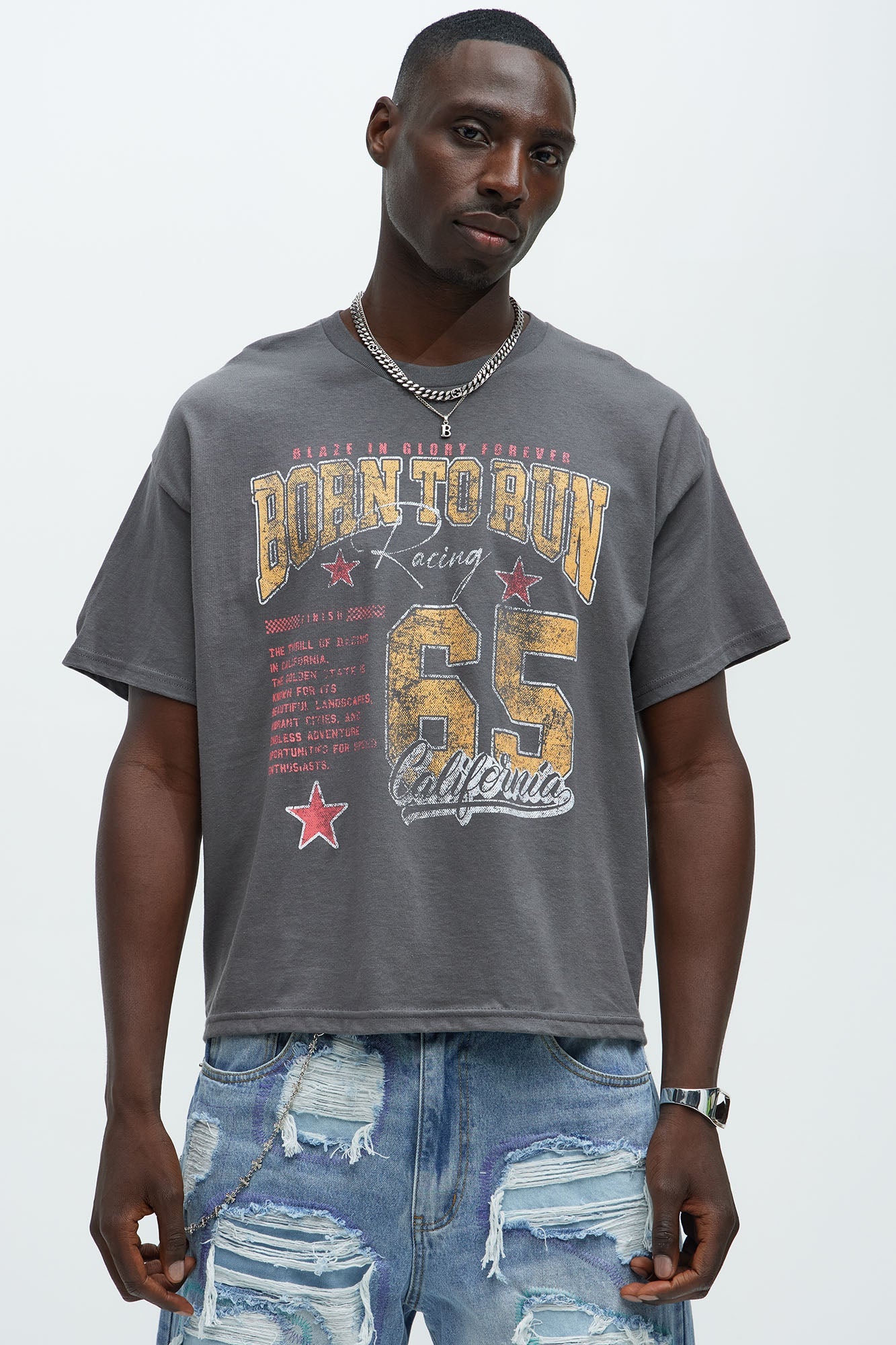 Born To Run Short Sleeve Cropped Tee - Charcoal