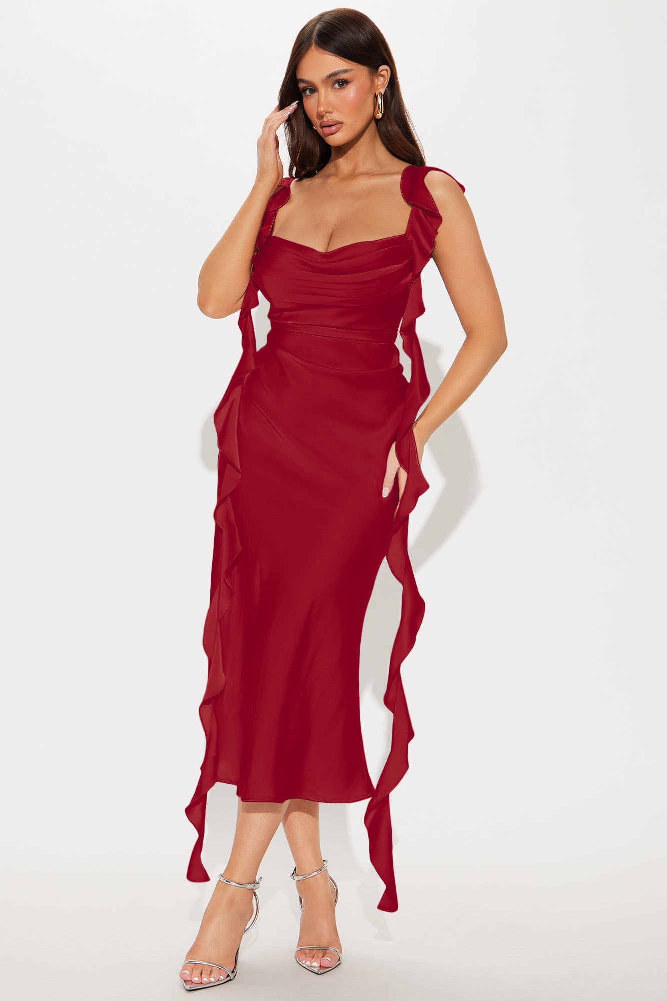 Ever So Sweet Satin Ruffle Midi Dress - Red