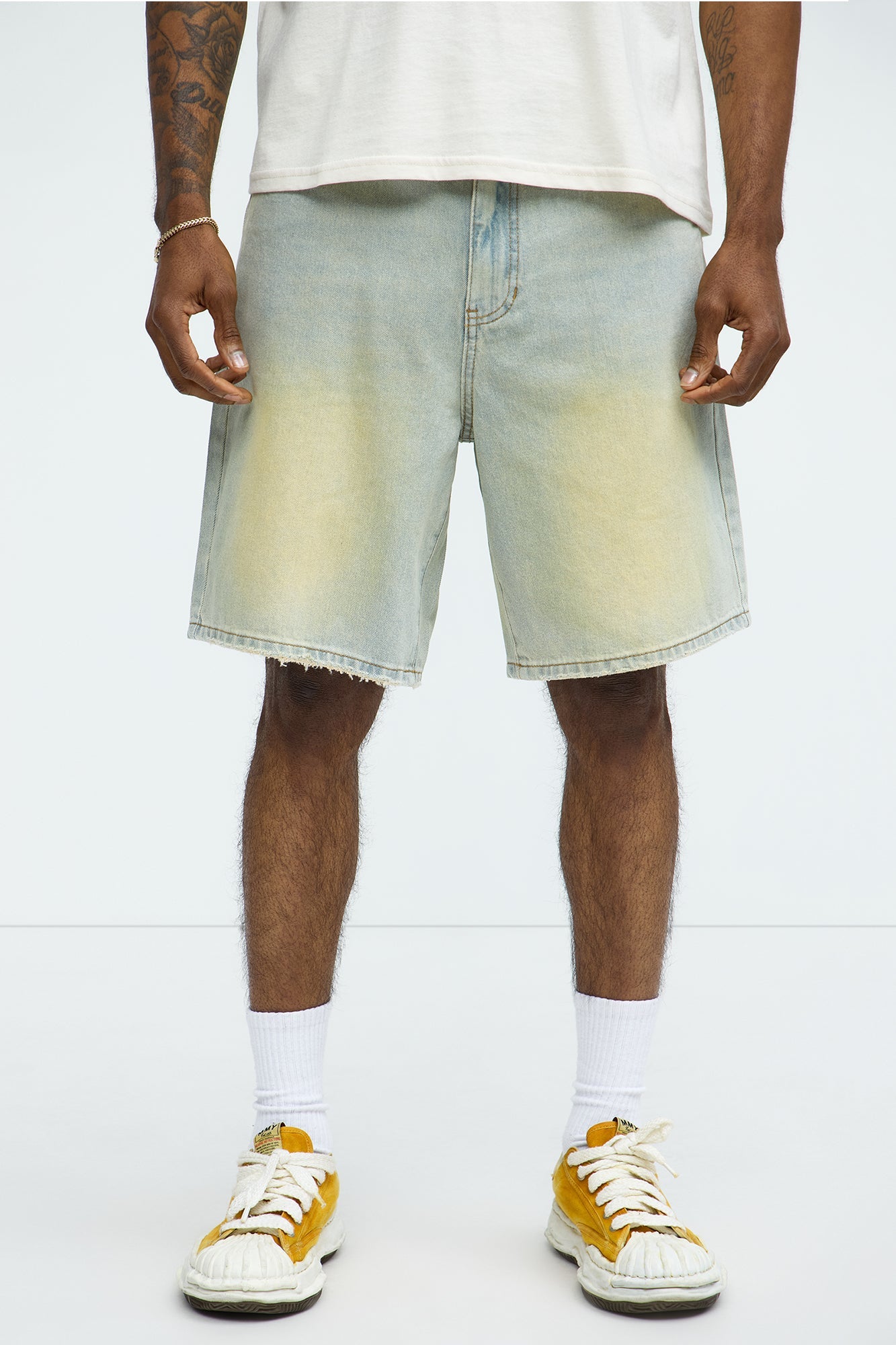 Drawstring Belt Relaxed Denim Shorts - Vintage Blue Wash