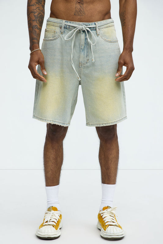 Drawstring Belt Relaxed Denim Shorts - Vintage Blue Wash