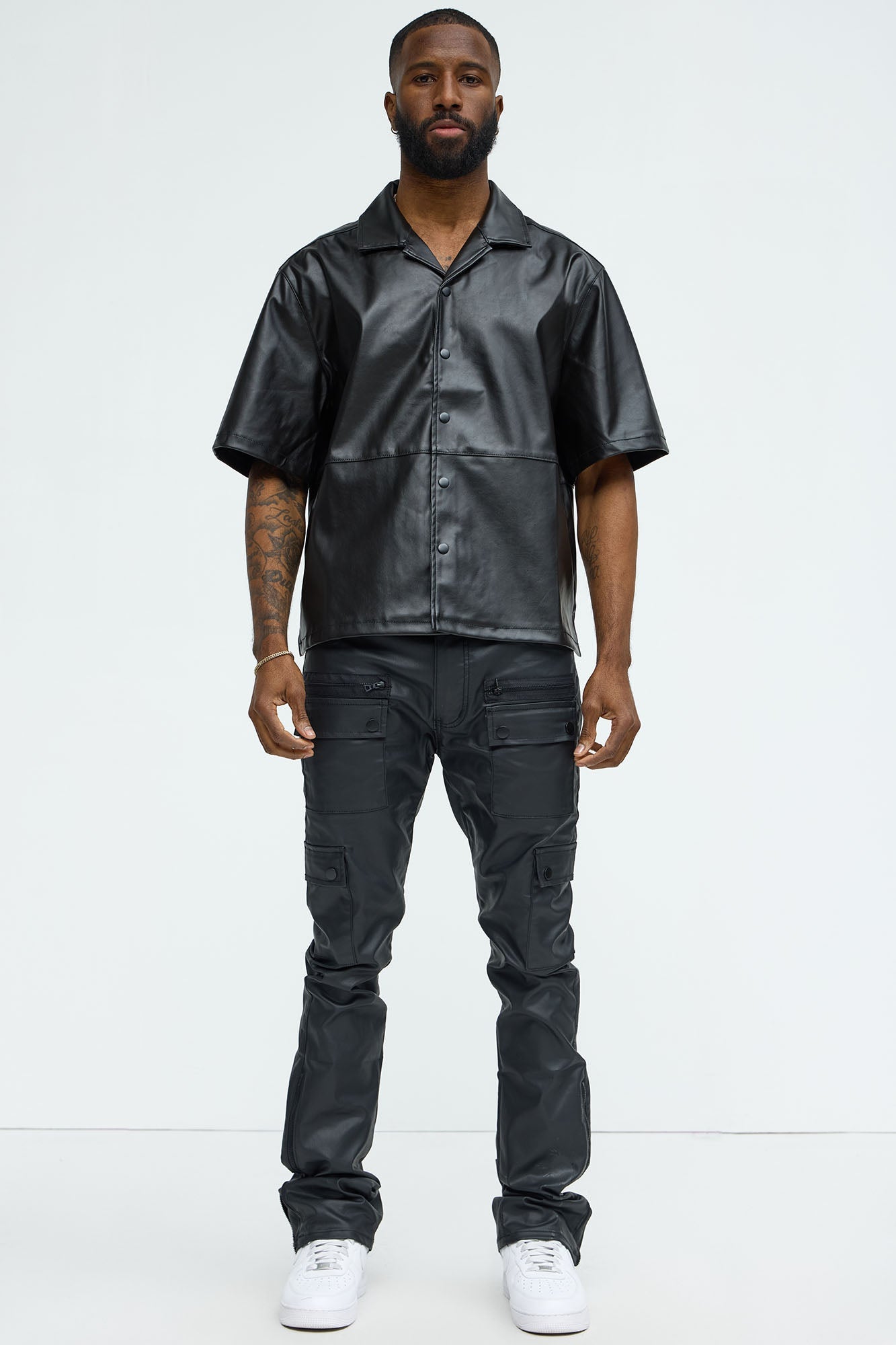 Slam Dunk Faux Leather Short Sleeve Button Up - Black