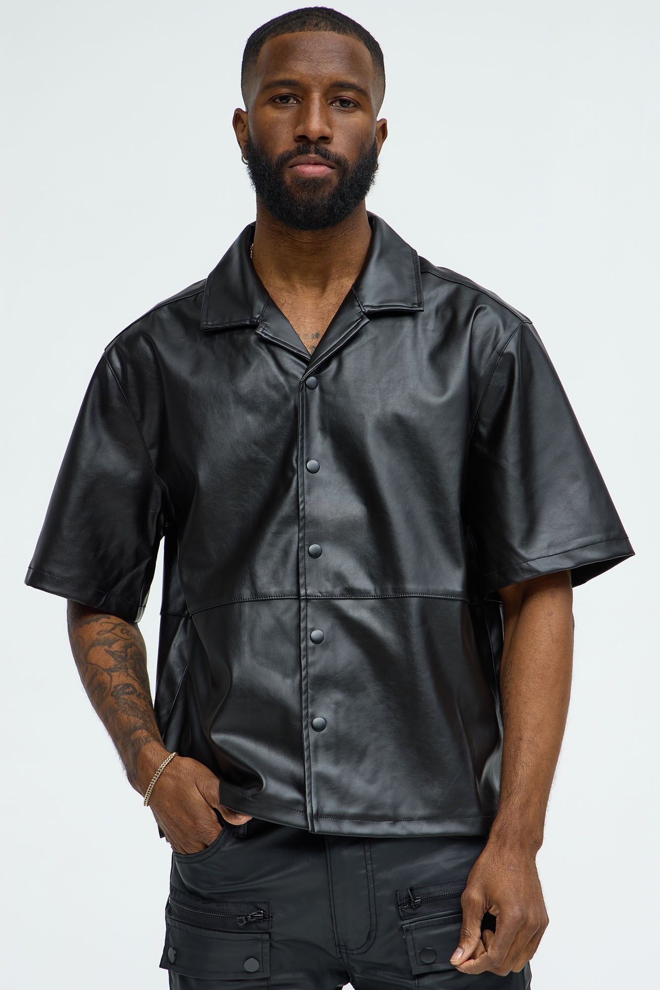 Slam Dunk Faux Leather Short Sleeve Button Up - Black