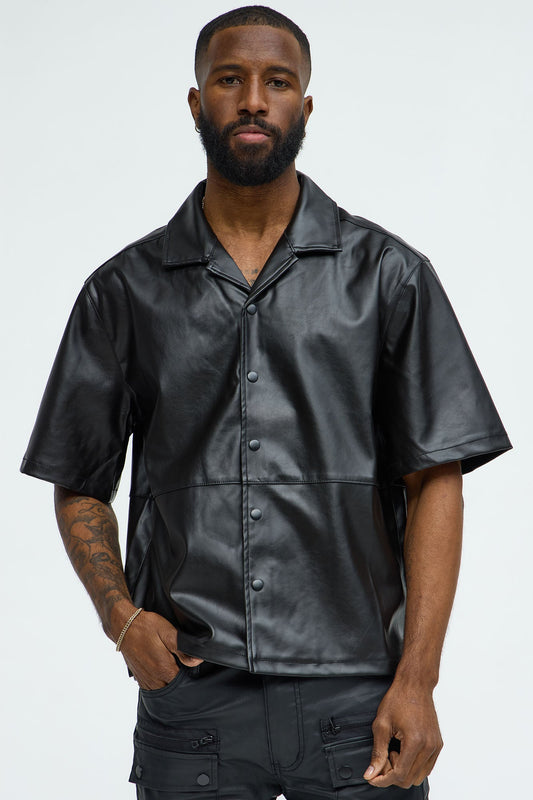 Slam Dunk Faux Leather Short Sleeve Button Up - Black