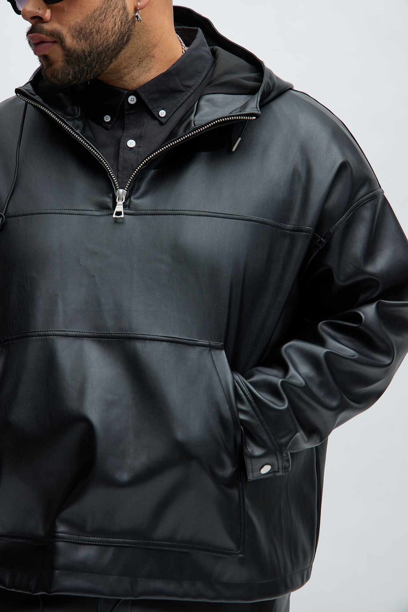 Royce Faux Leather Pullover Jacket - Black