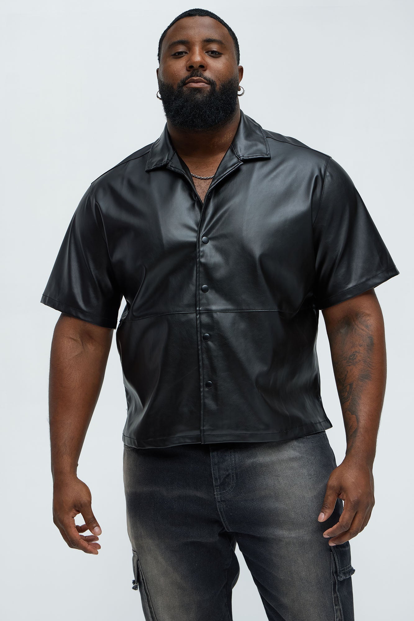 Slam Dunk Faux Leather Short Sleeve Button Up - Black