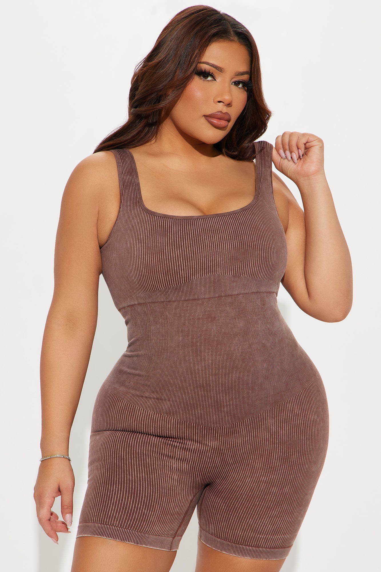 Tessa Washed Ribbed Active Romper - Chocolate