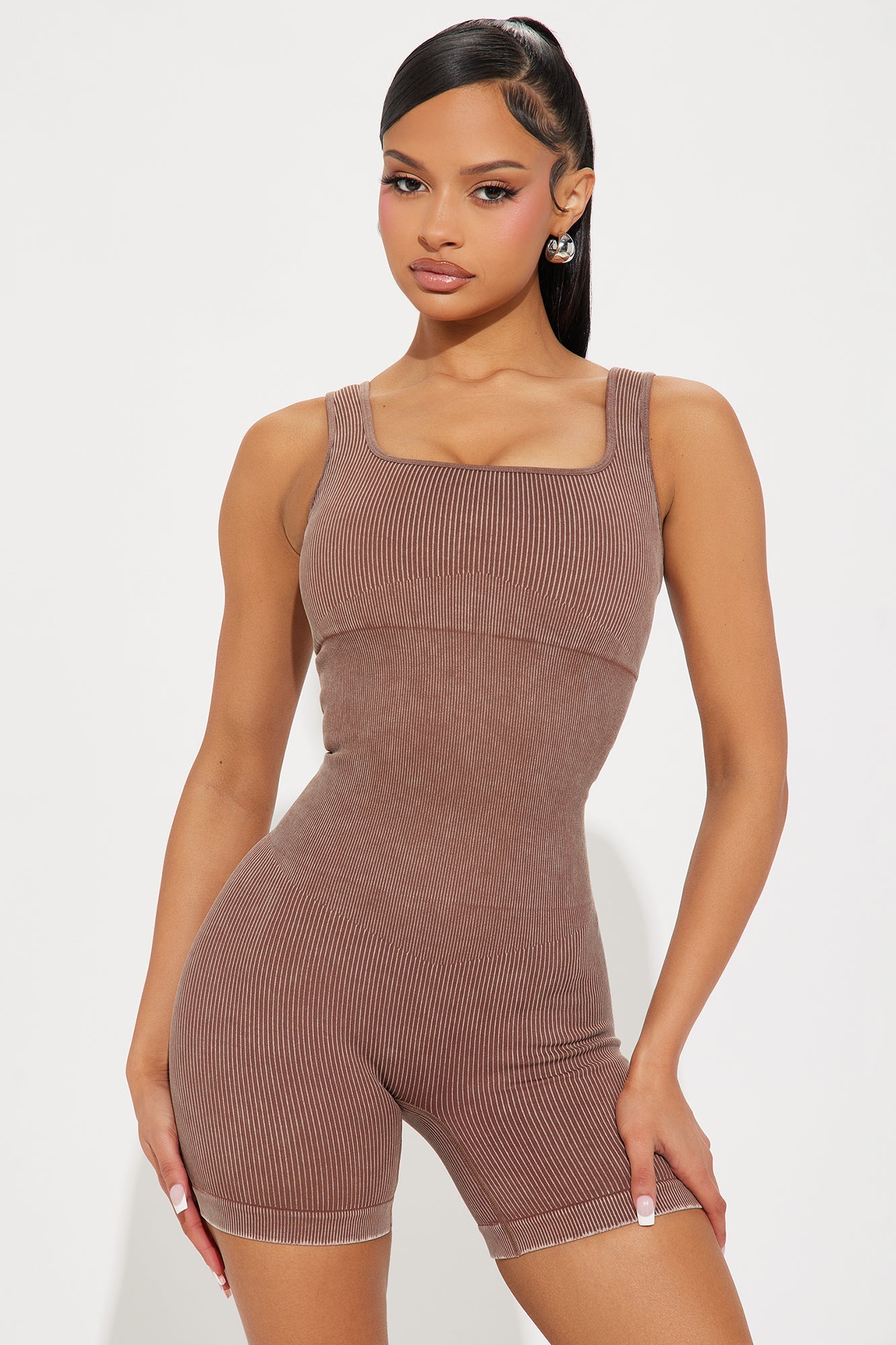Tessa Washed Ribbed Active Romper - Chocolate