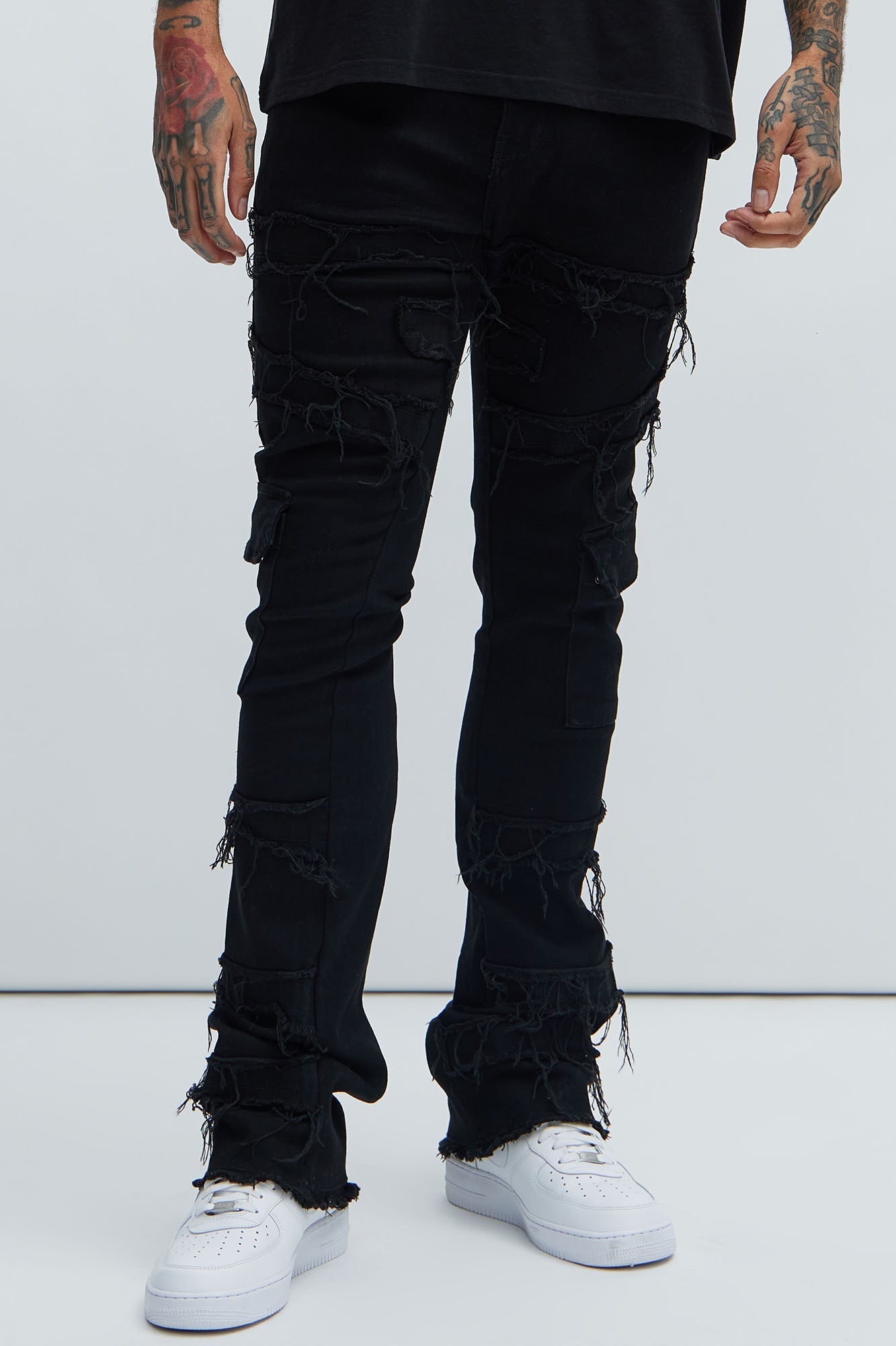 With Some Fray Skinny Flare Cargo Jeans - Black