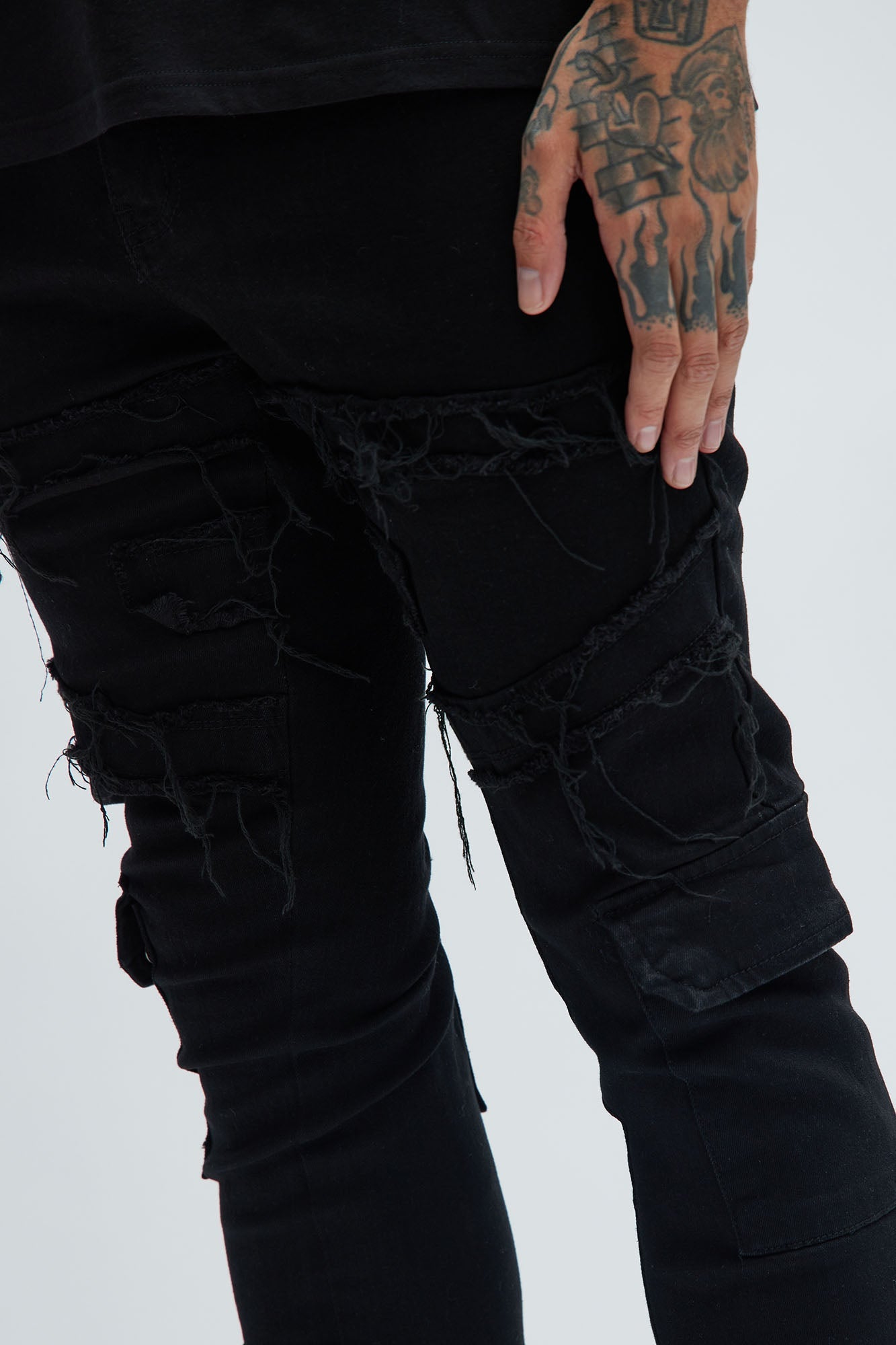 With Some Fray Skinny Flare Cargo Jeans - Black