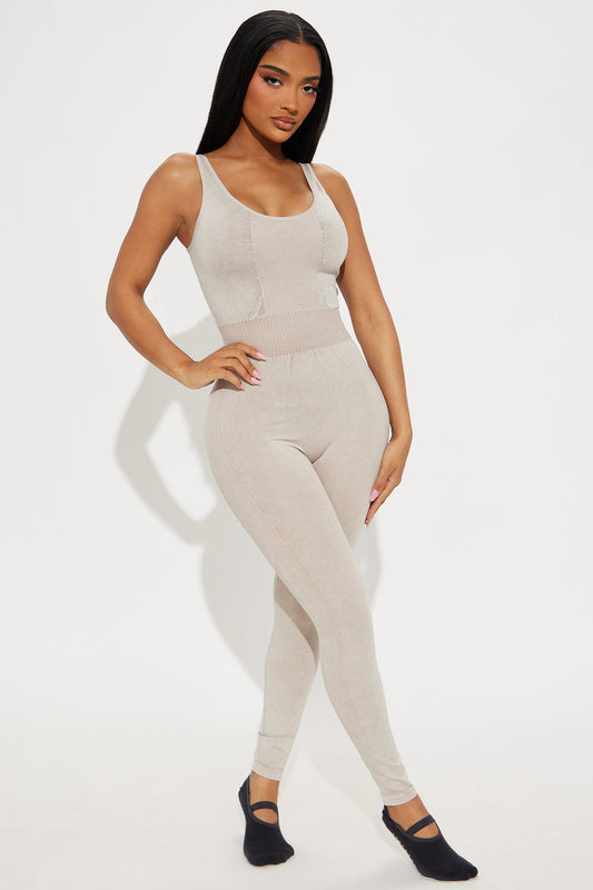 Posh Pilates Washed Active Jumpsuit - Light Taupe