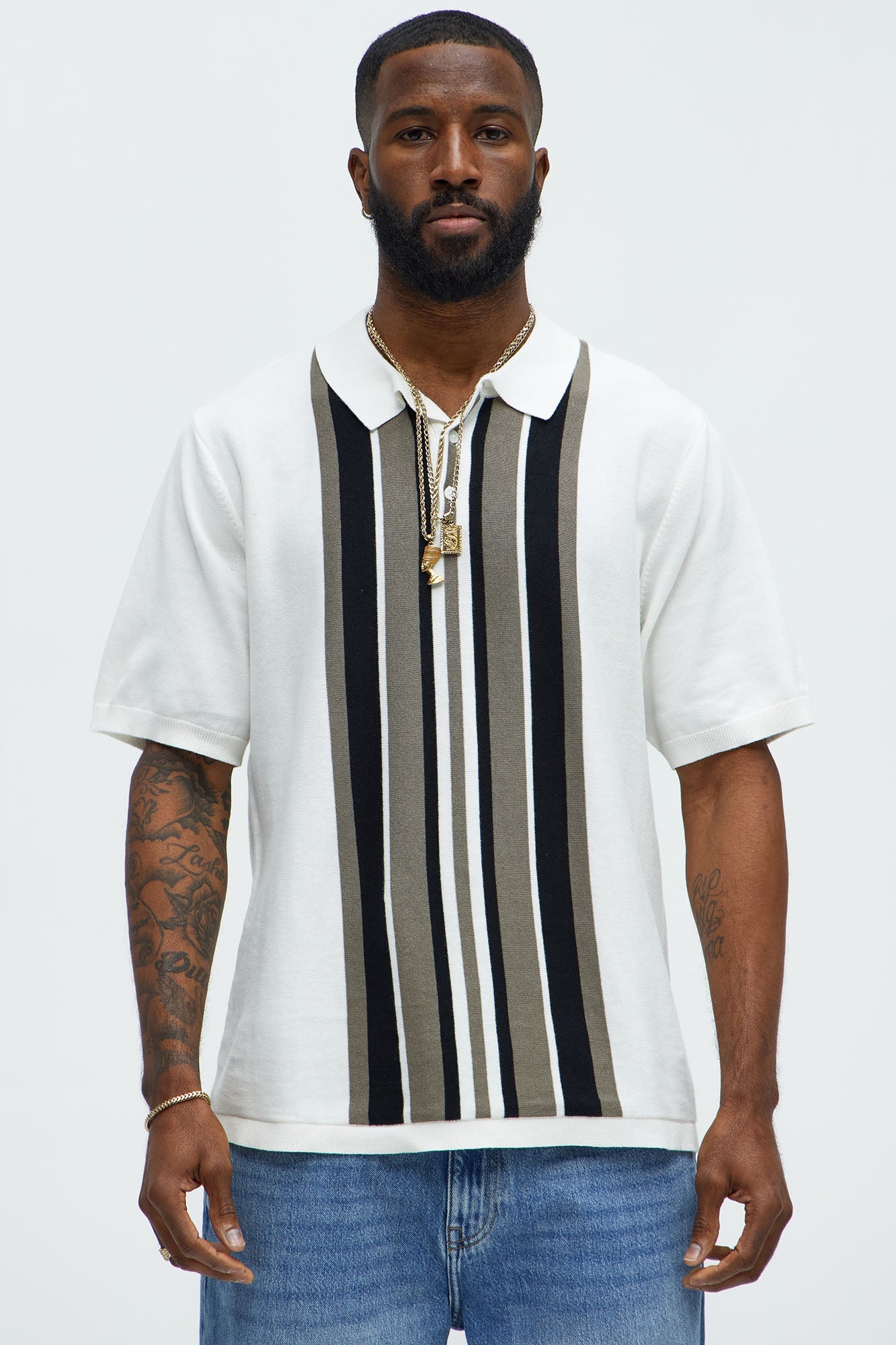 Harris Knitted Stripe Polo Shirt - White/combo