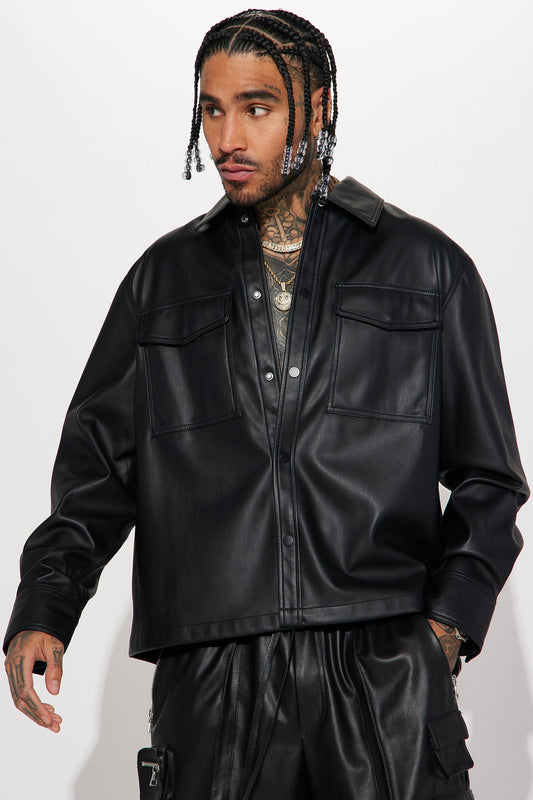 Night Out Faux Leather Shacket - Black