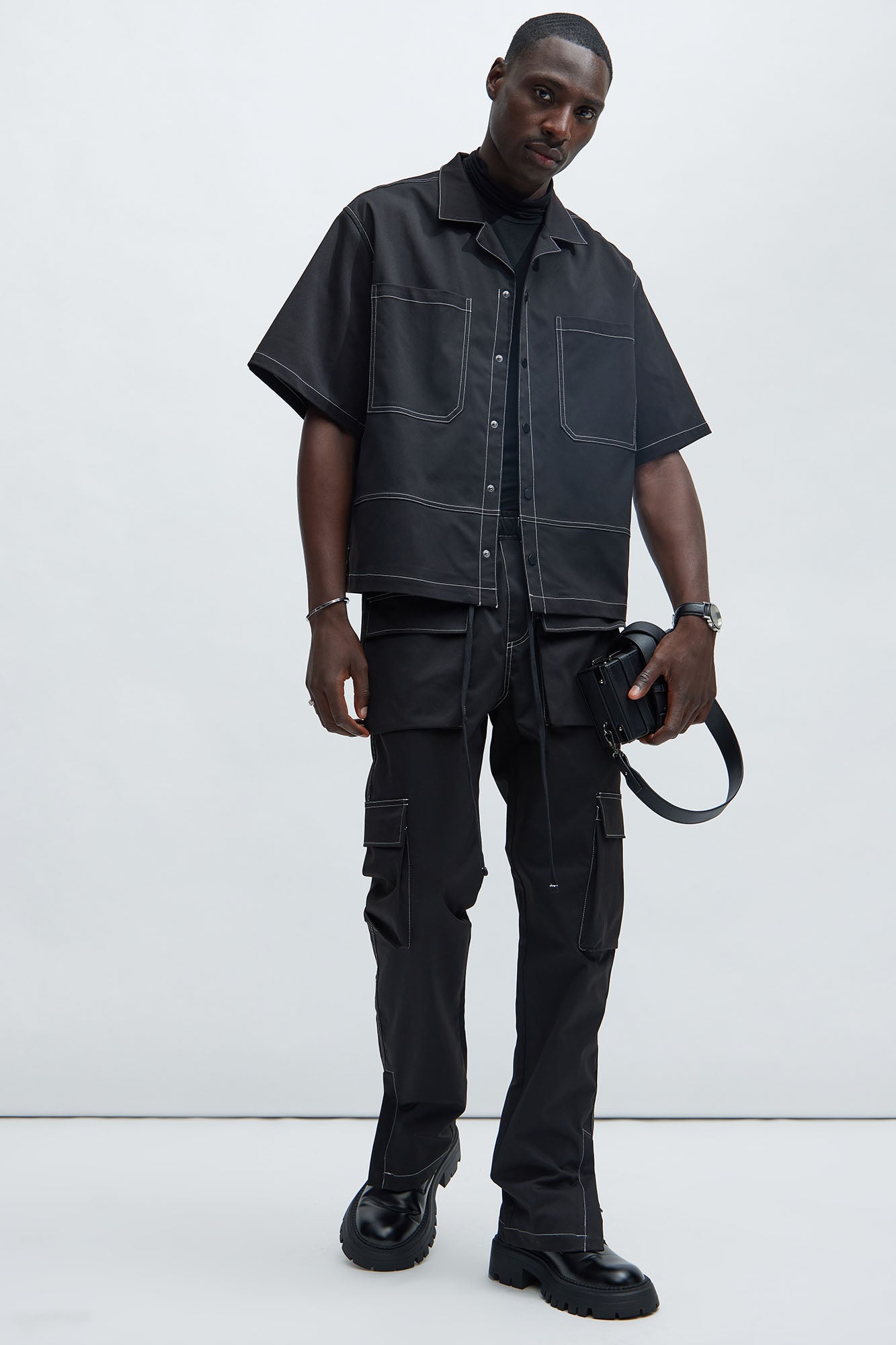 Curtis Contrast Stitch Boxy Shirt - Black