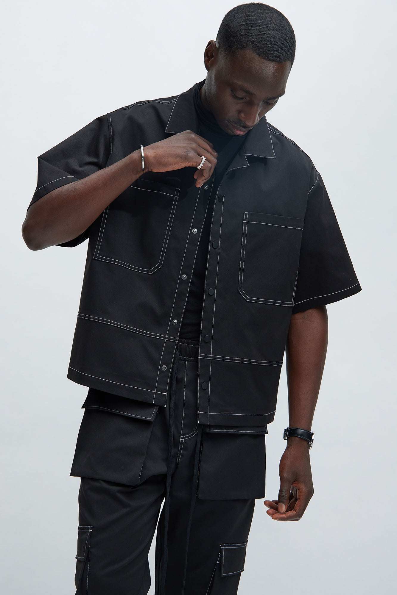 Curtis Contrast Stitch Boxy Shirt - Black