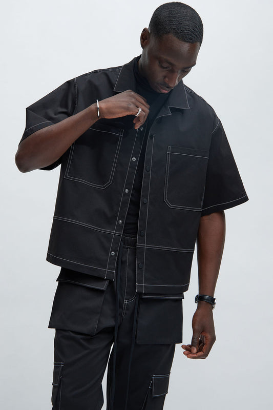 Curtis Contrast Stitch Boxy Shirt - Black