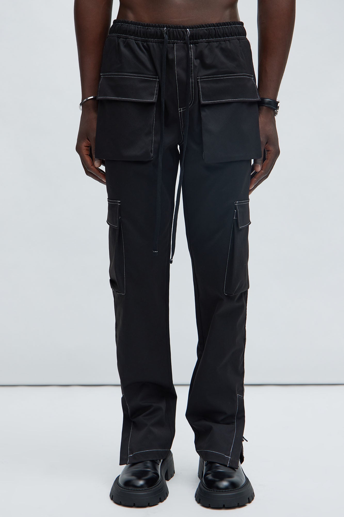 Curtis Contrast Stitch Relaxed Cargo Pants - Black