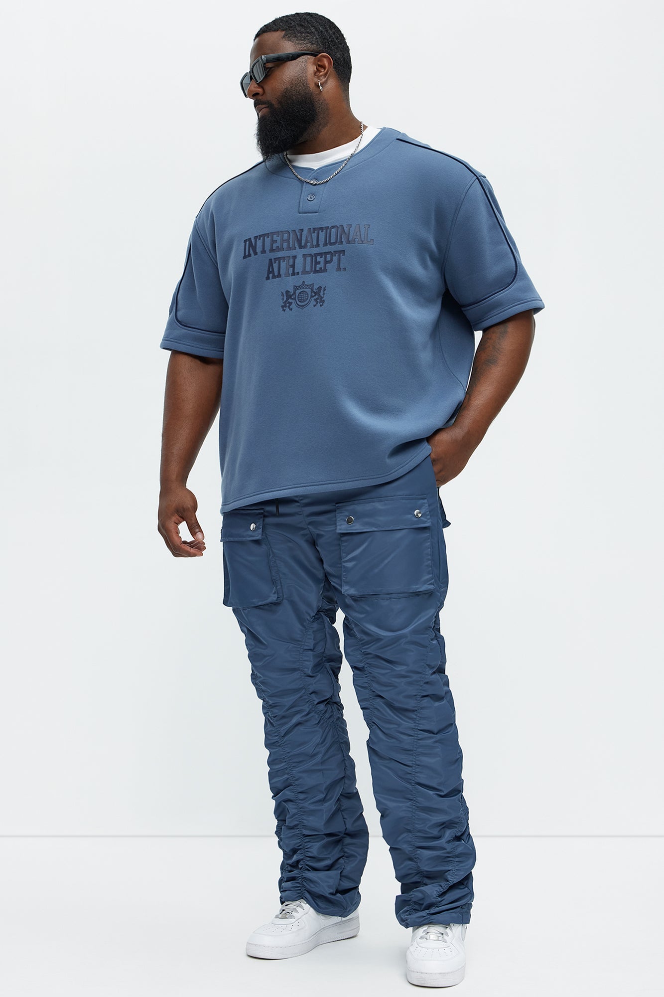 Scrunched Flared Nylon Cargo Pants - Blue