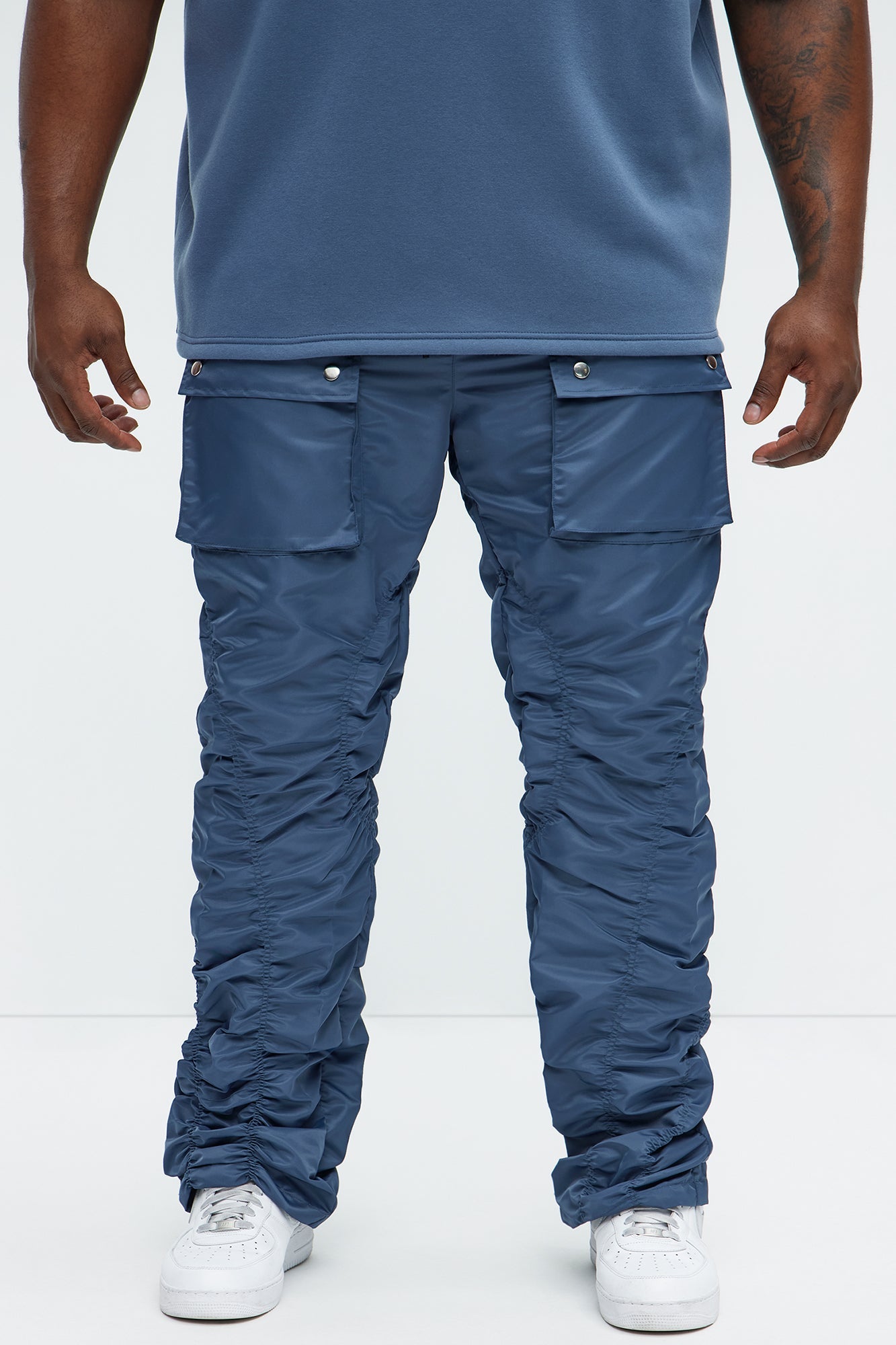 Scrunched Flared Nylon Cargo Pants - Blue