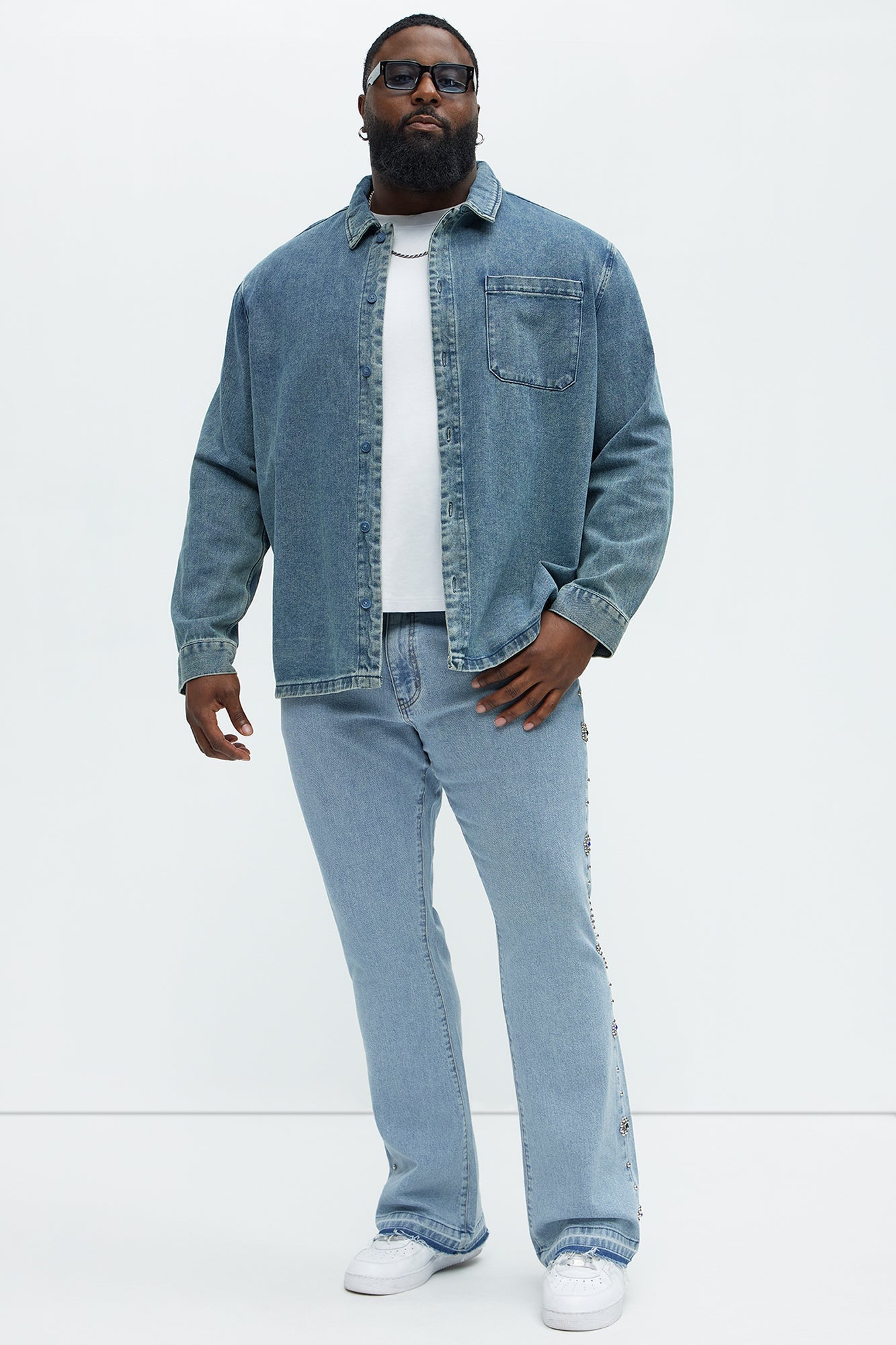 Western Studded Stacked Slim Flare Jeans - Light Wash