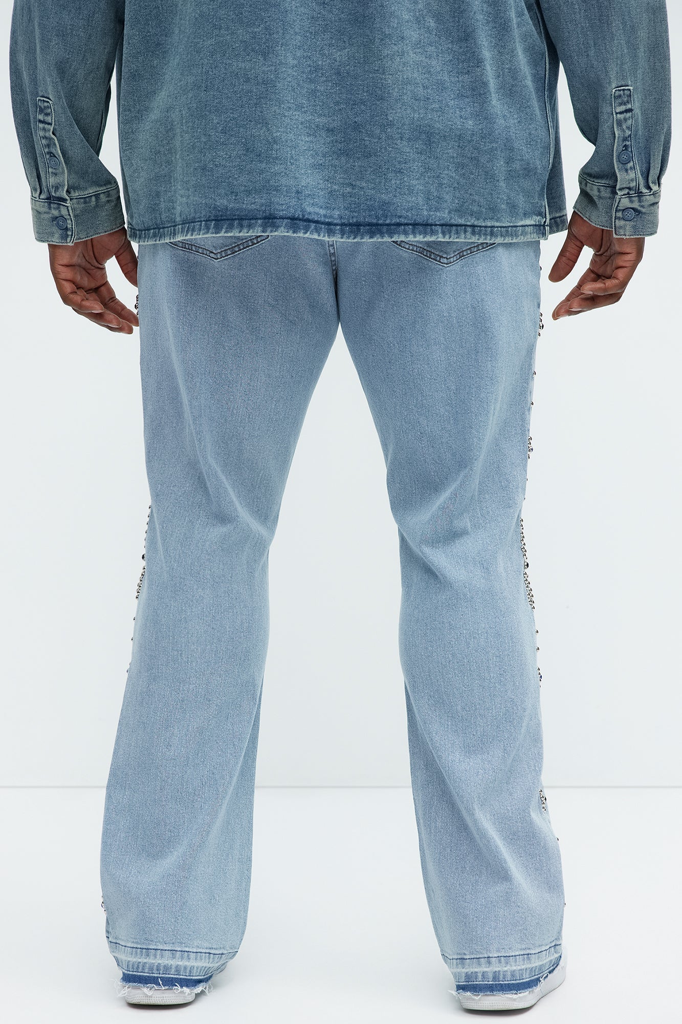 Western Studded Stacked Slim Flare Jeans - Light Wash