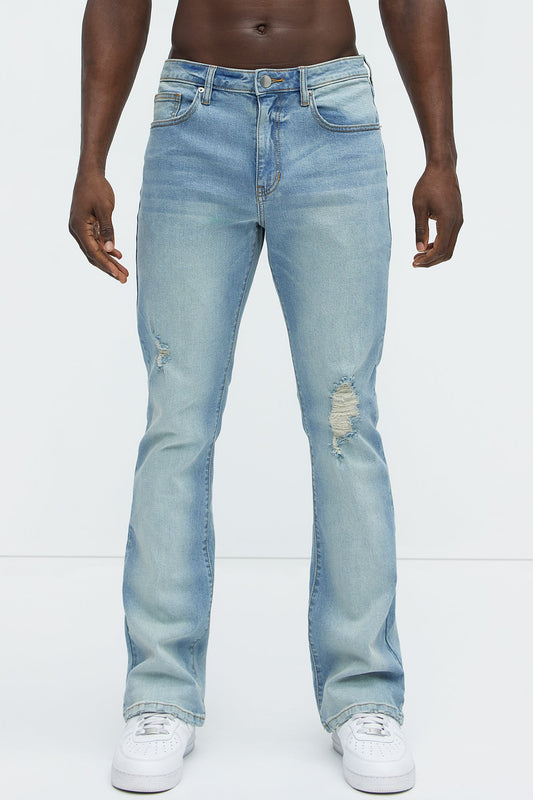 Take No L's Stacked Slim Flared Jeans - Medium Blue Wash