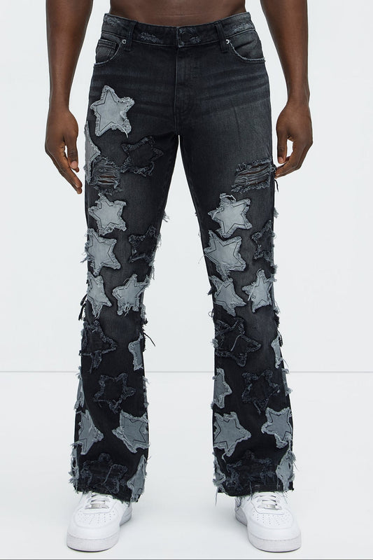 Counting Stars Stacked Slim Flare Jeans - Black Wash