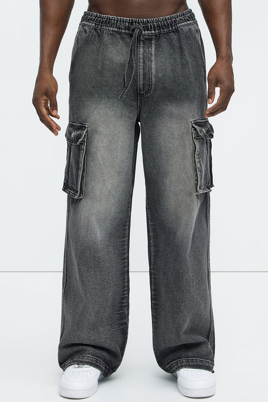 Stretch Waist Relaxed Baggy Jeans - Black Wash
