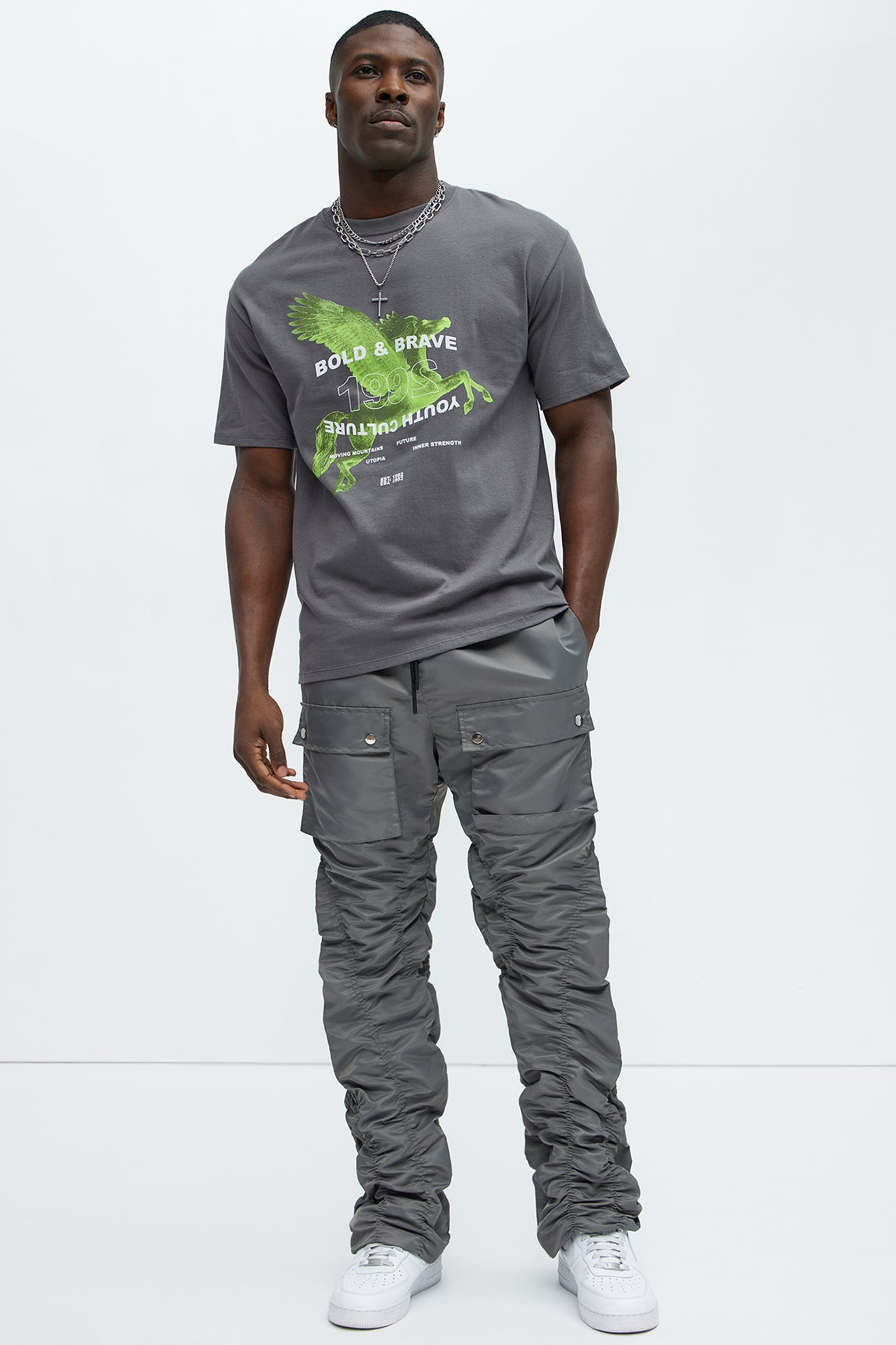 Scrunched Flared Nylon Cargo Pants - Charcoal