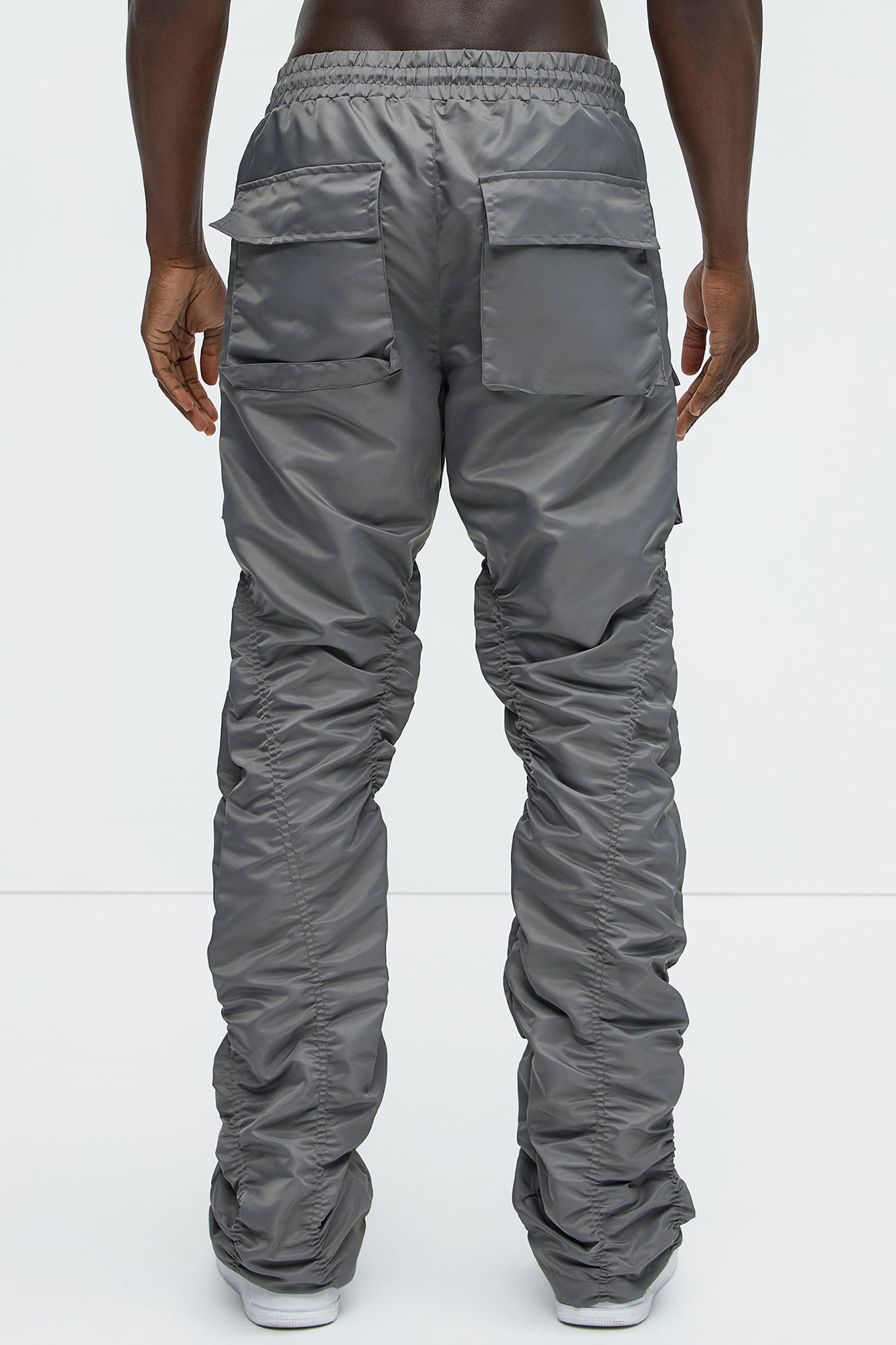 Scrunched Flared Nylon Cargo Pants - Charcoal