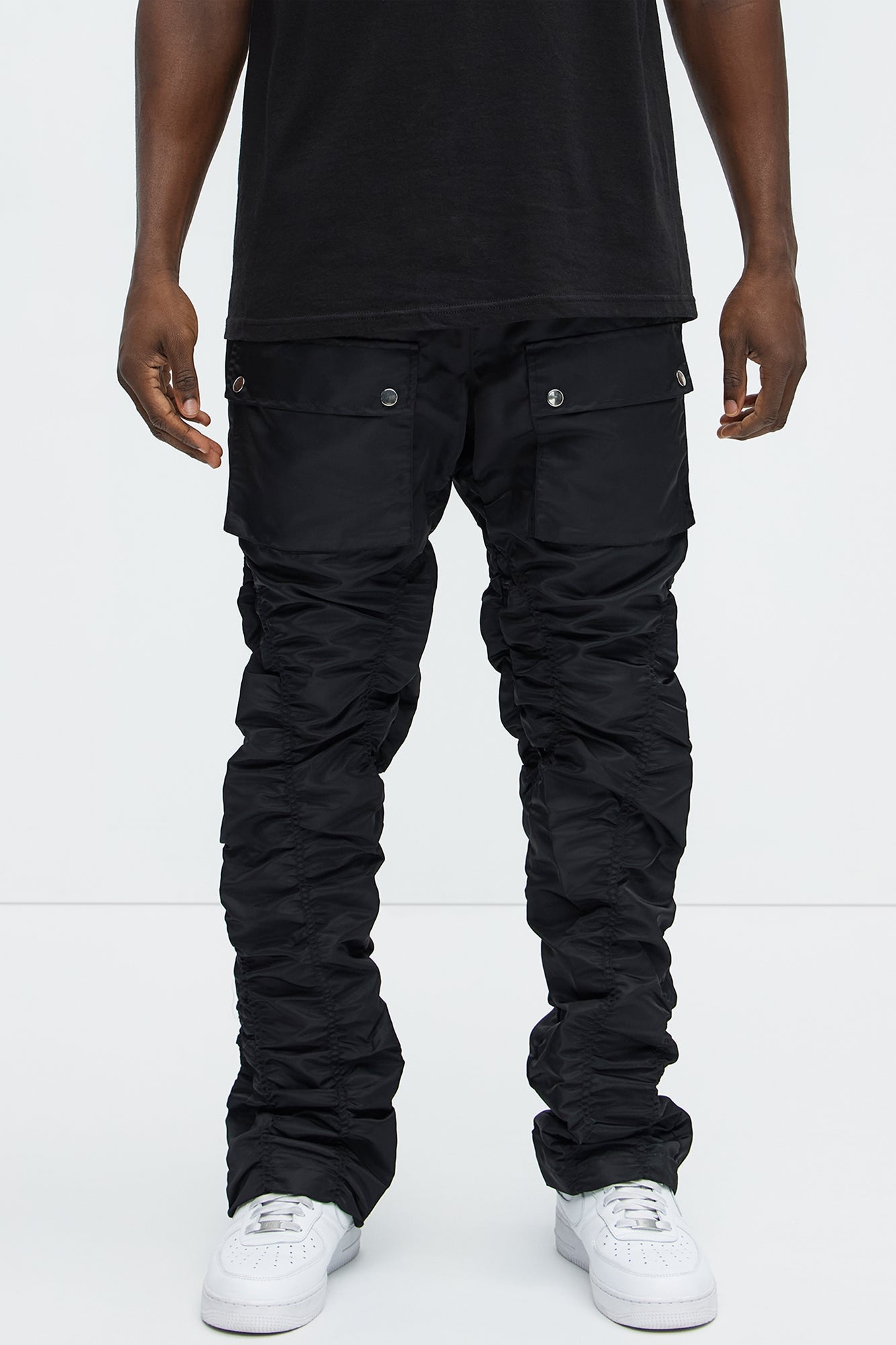 Scrunched Flared Nylon Cargo Pants - Black