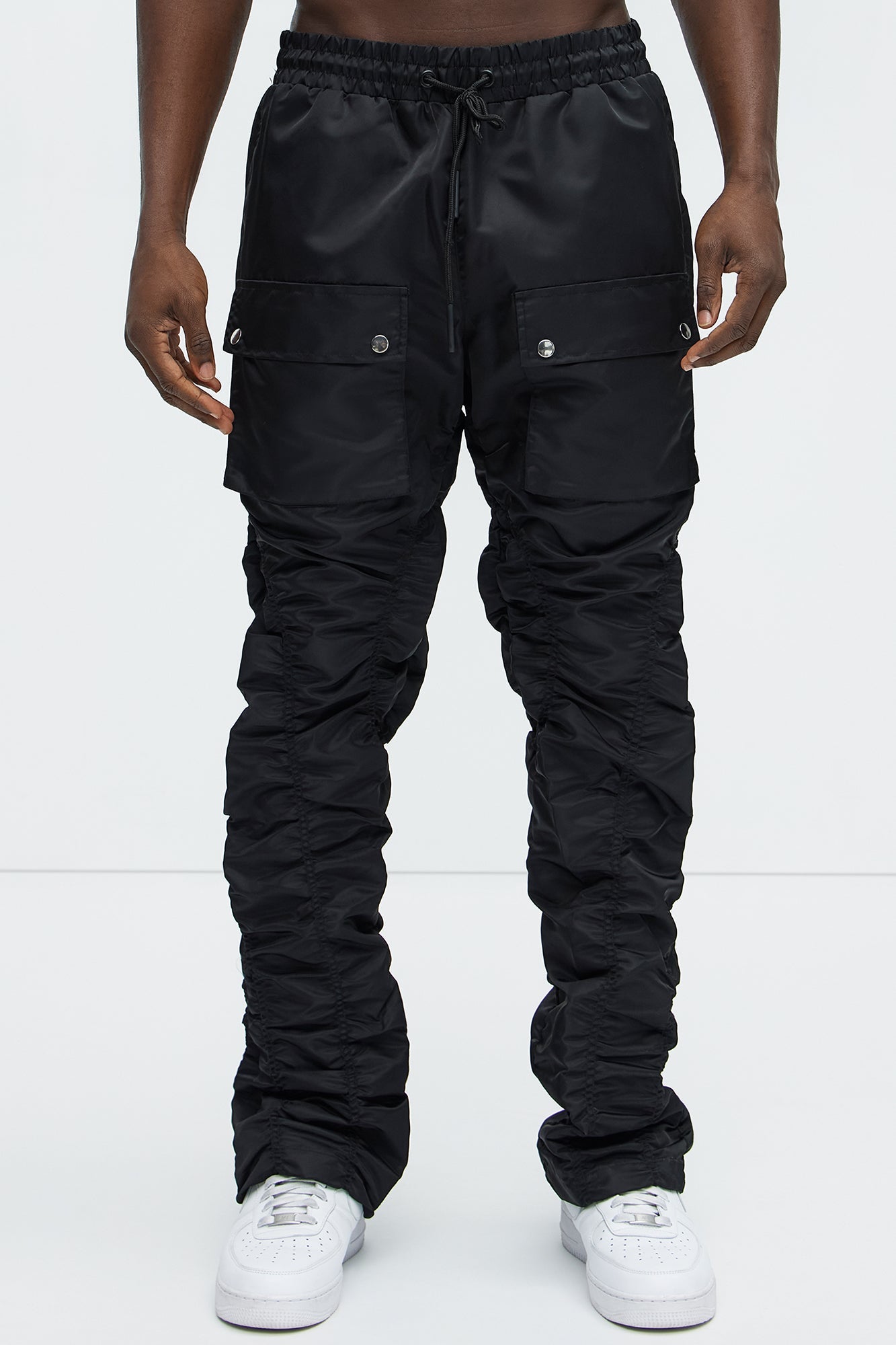 Scrunched Flared Nylon Cargo Pants - Black