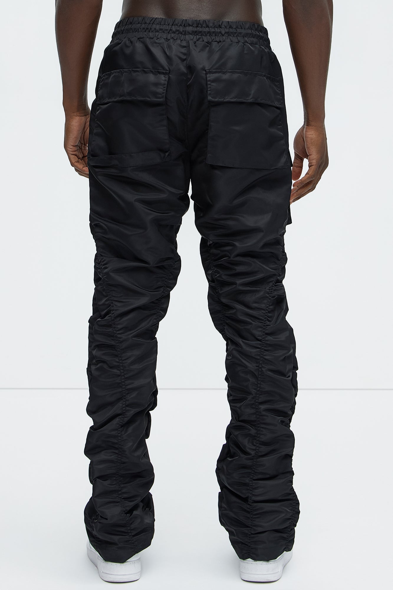 Scrunched Flared Nylon Cargo Pants - Black