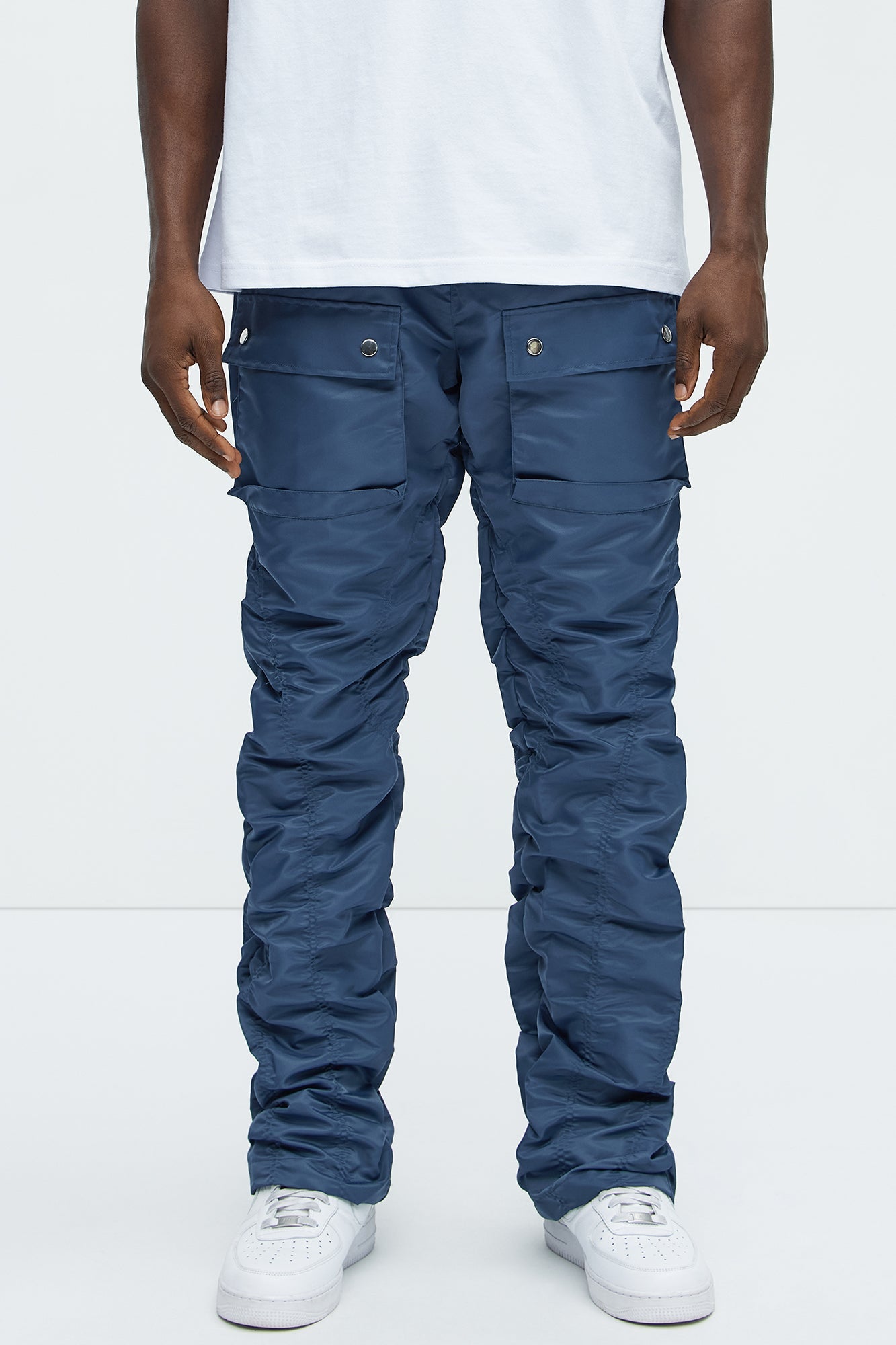 Scrunched Flared Nylon Cargo Pants - Blue