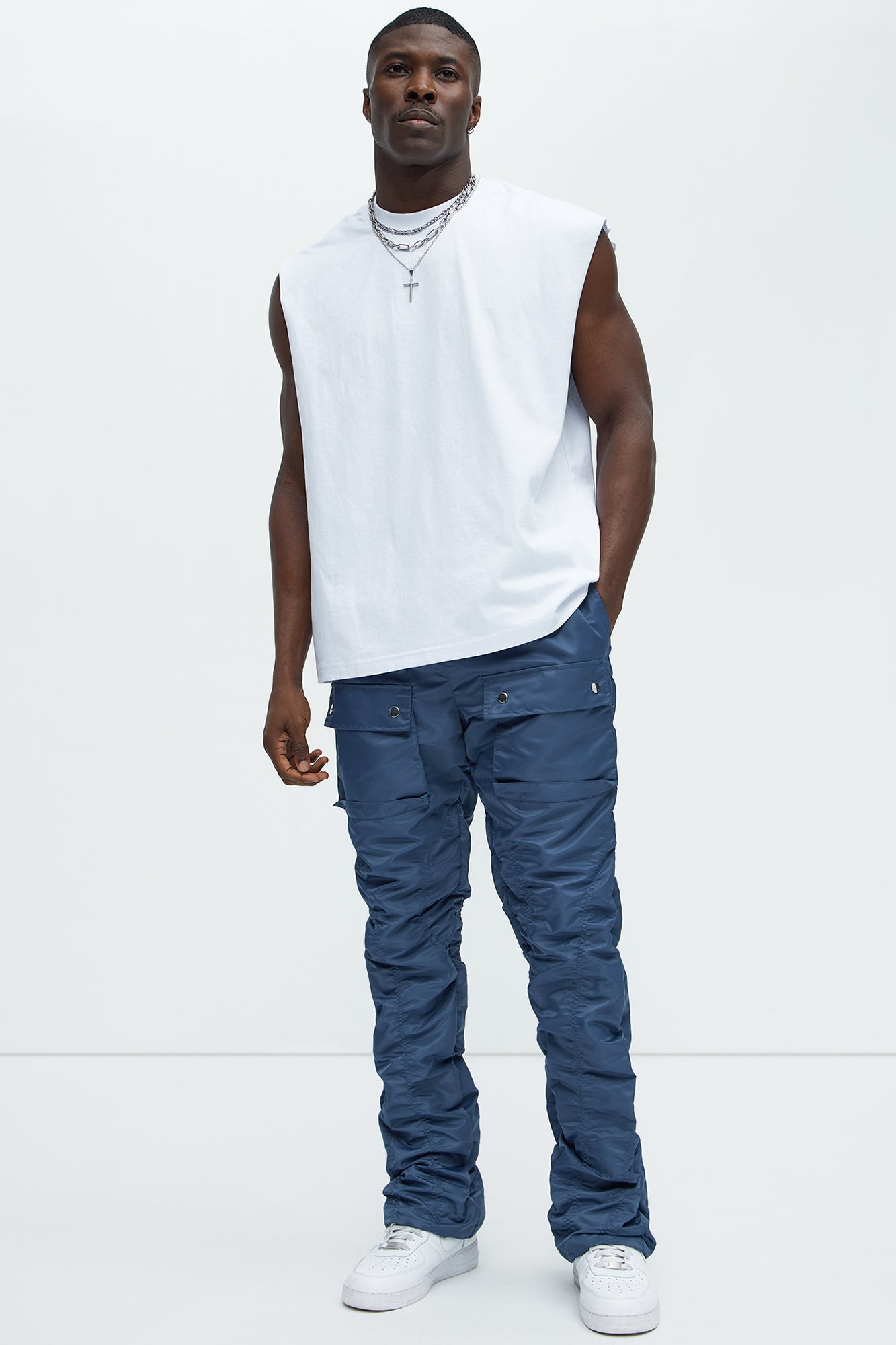 Scrunched Flared Nylon Cargo Pants - Blue