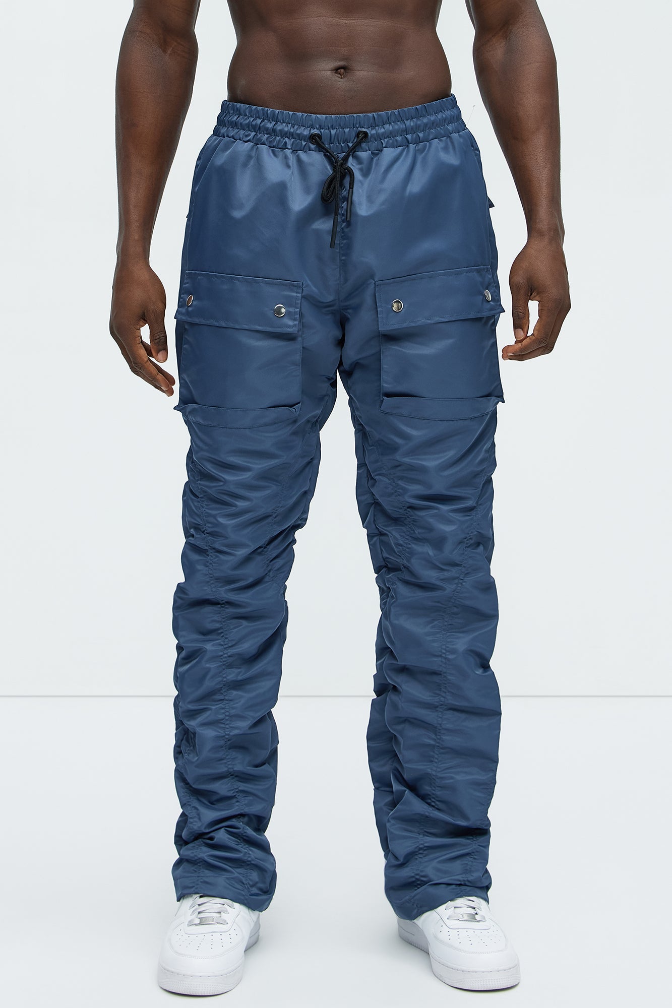 Scrunched Flared Nylon Cargo Pants - Blue