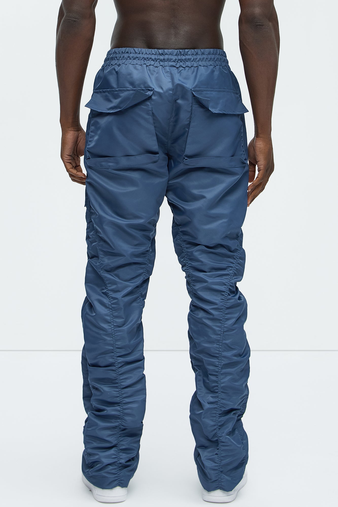 Scrunched Flared Nylon Cargo Pants - Blue