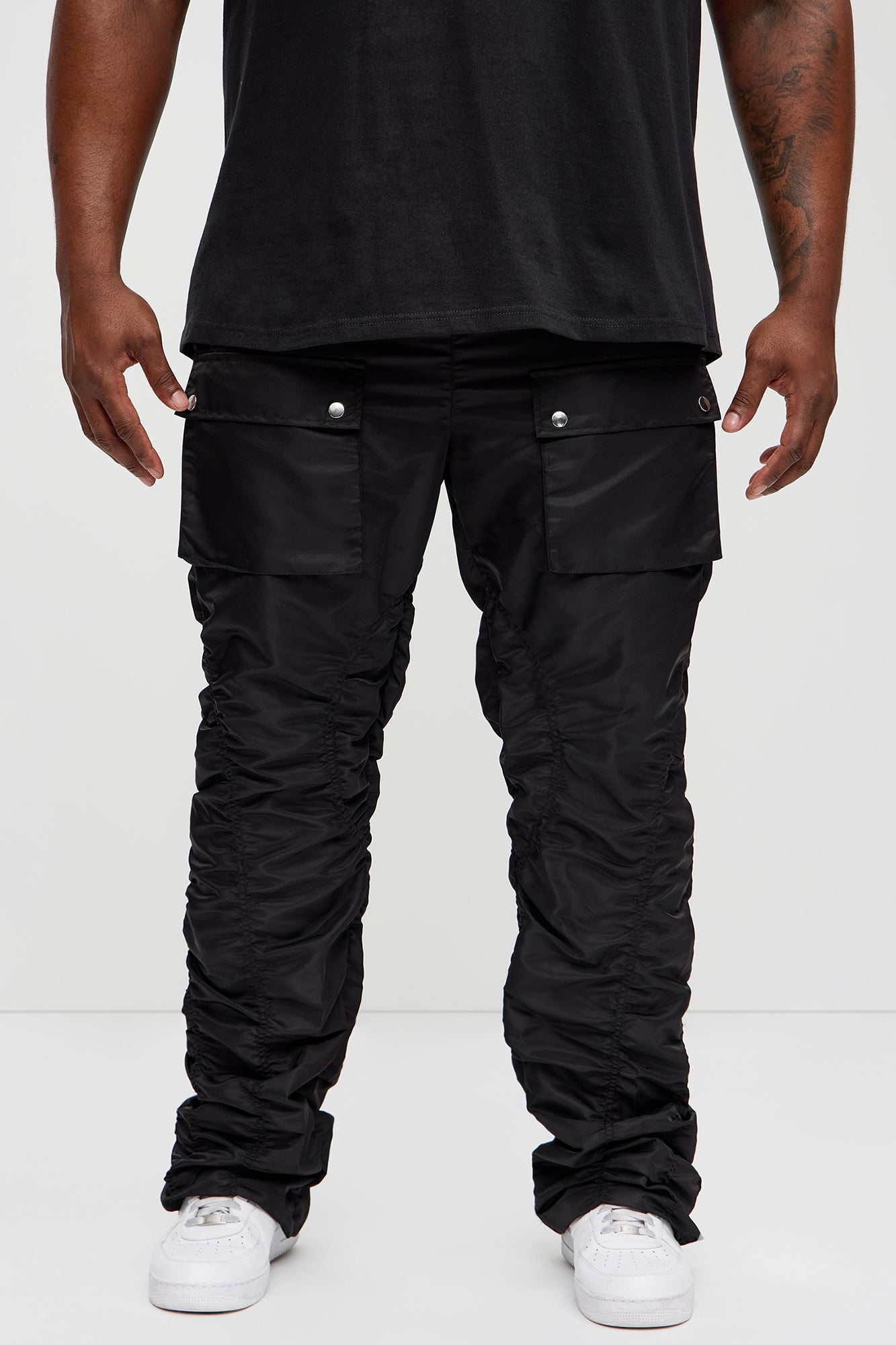 Scrunched Flared Nylon Cargo Pants - Black