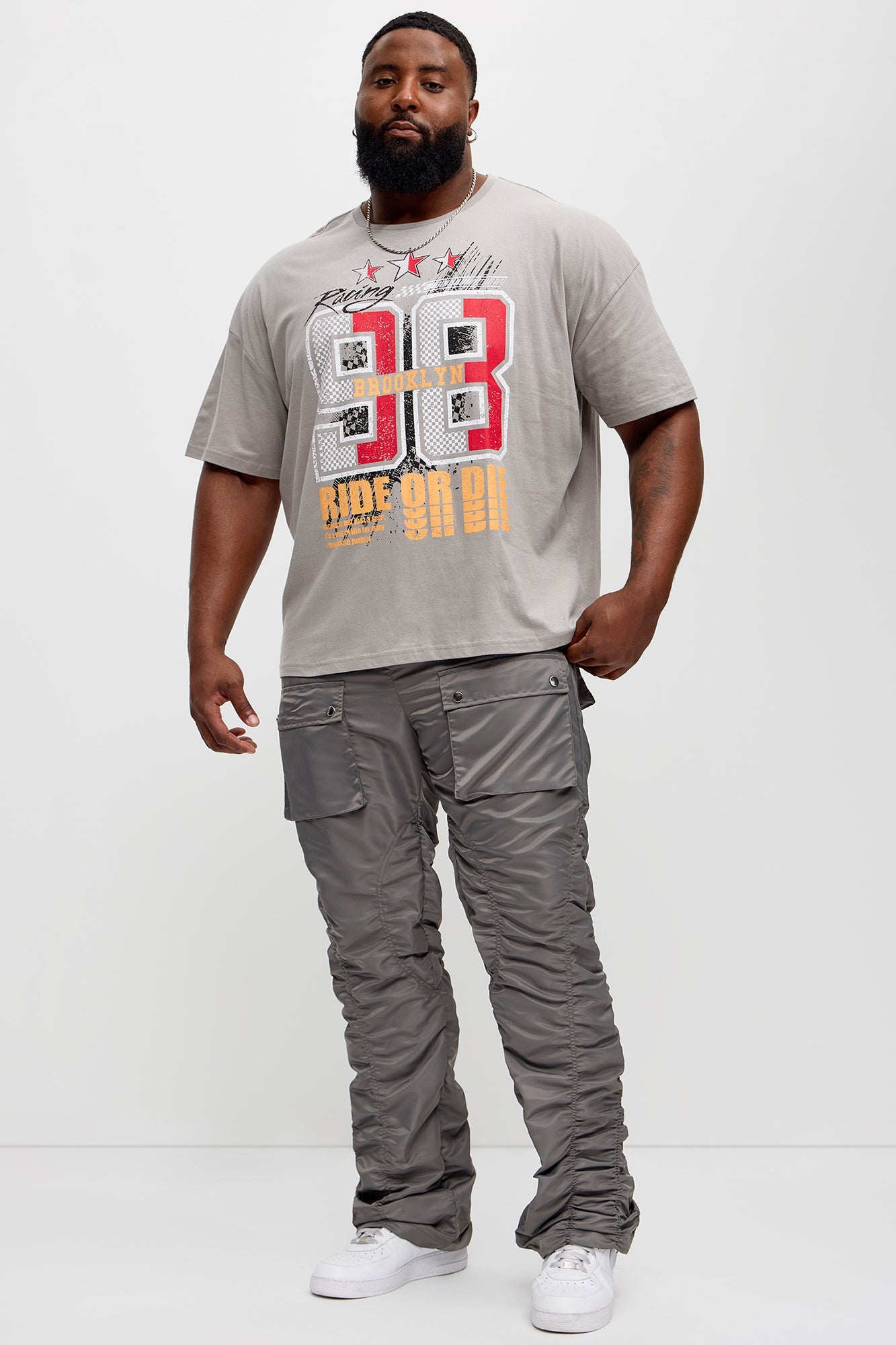 Scrunched Flared Nylon Cargo Pants - Charcoal