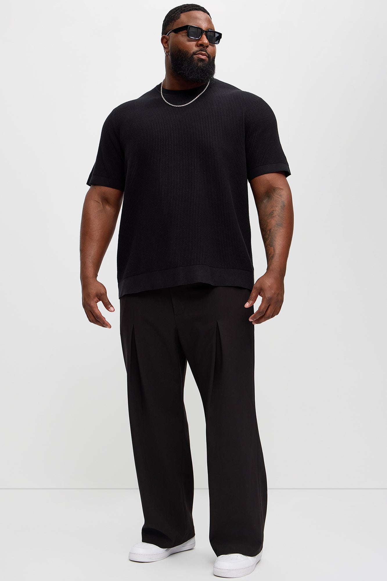 Rib Textured Knit Relaxed Tee - Black