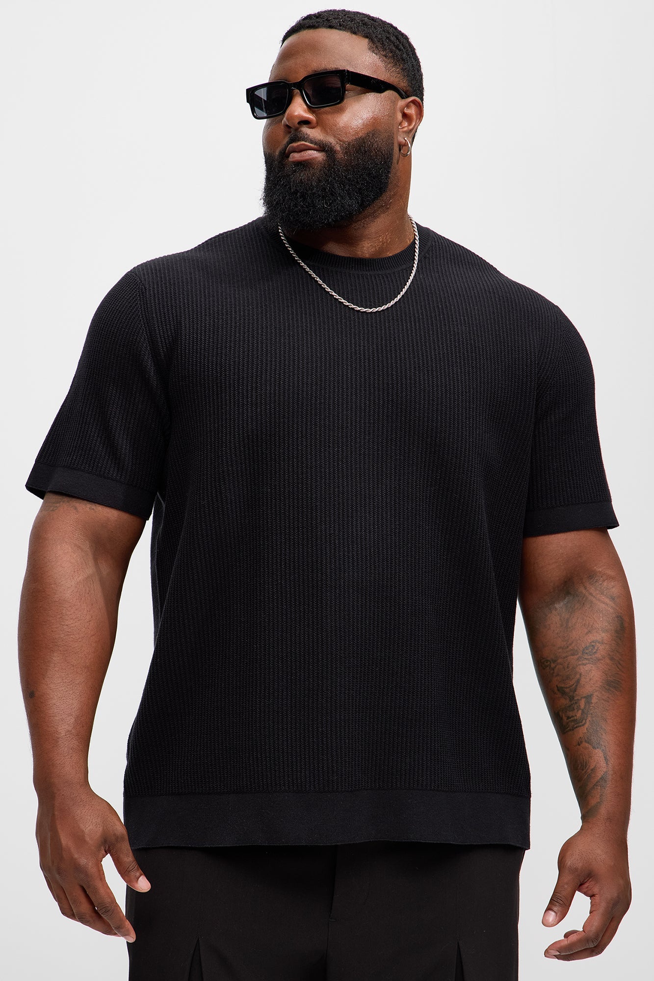 Rib Textured Knit Relaxed Tee - Black