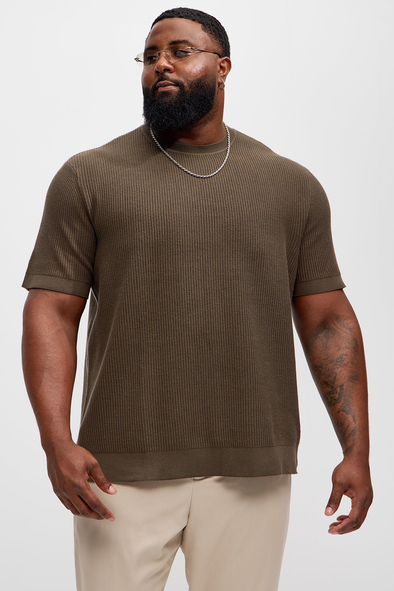 Rib Textured Knit Relaxed Tee - Olive