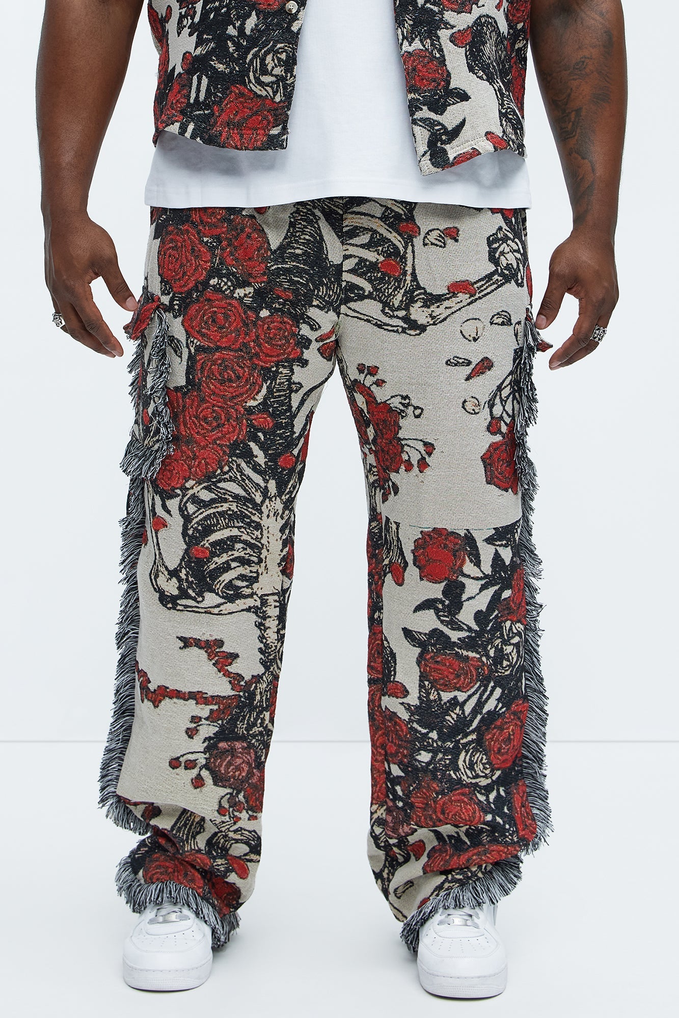 Straight Petals Tapestry Cargo Pants - Red/combo