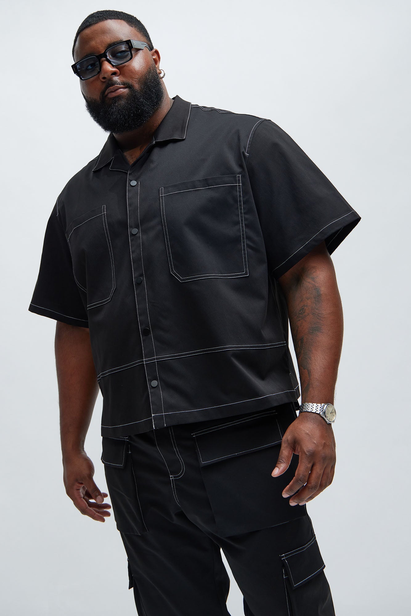 Curtis Contrast Stitch Boxy Shirt - Black